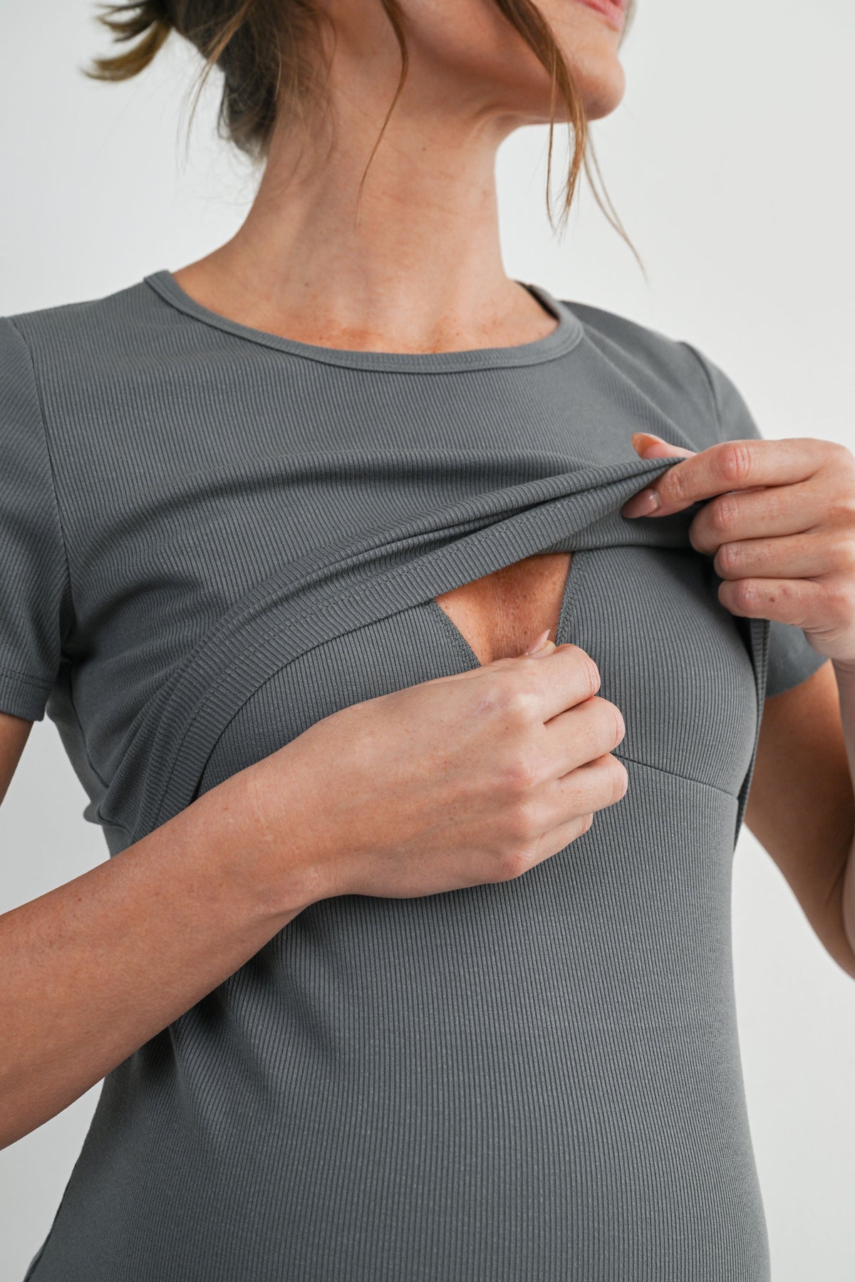 Olive Ribbed Short Sleeve Maternity Nursing Top with Lift Up Panel Nursing Opening Close Up