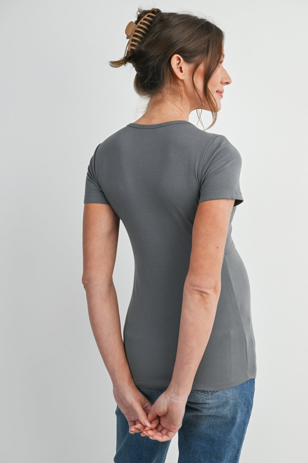 Olive Ribbed Short Sleeve Maternity Nursing Top with Lift Up Panel Back View