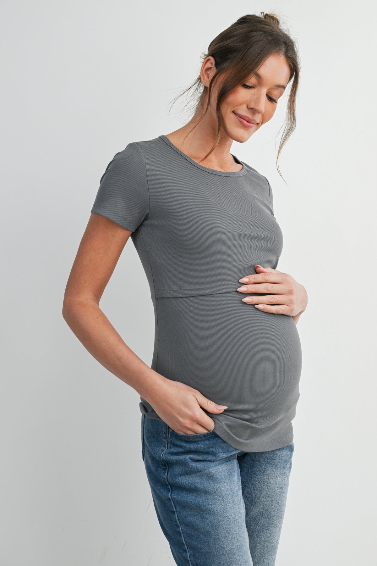 Olive Ribbed Short Sleeve Maternity Nursing Top with Lift Up Panel Side View