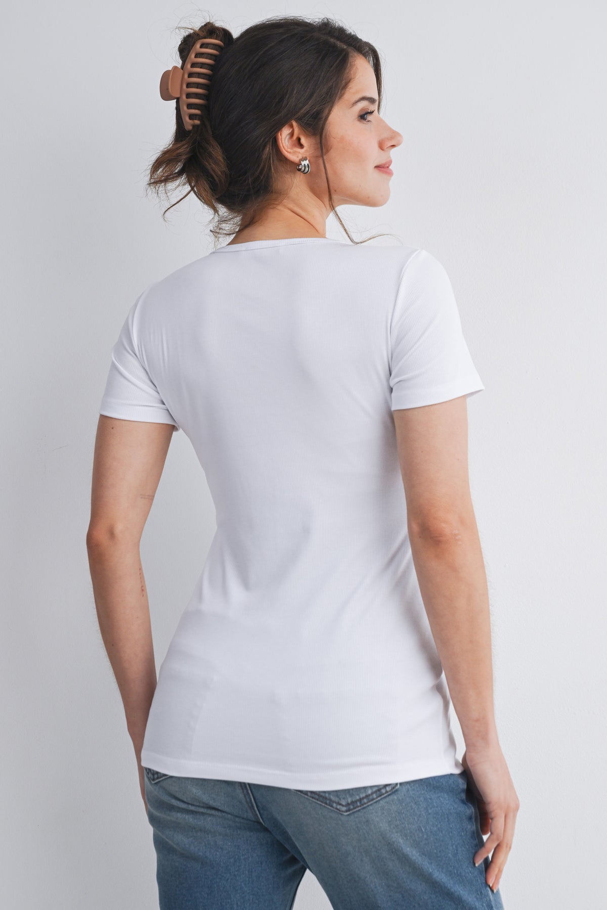 White Ribbed Short Sleeve Maternity Nursing Top with Lift Up Panel Back View