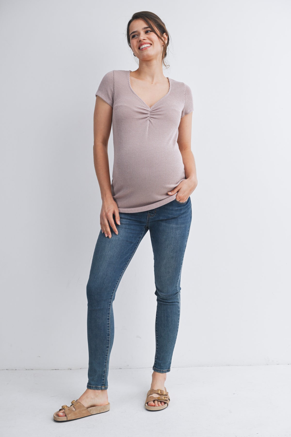 Taupe Ribbed Short Sleeve Soft V Neckline Maternity Top Full Body View
