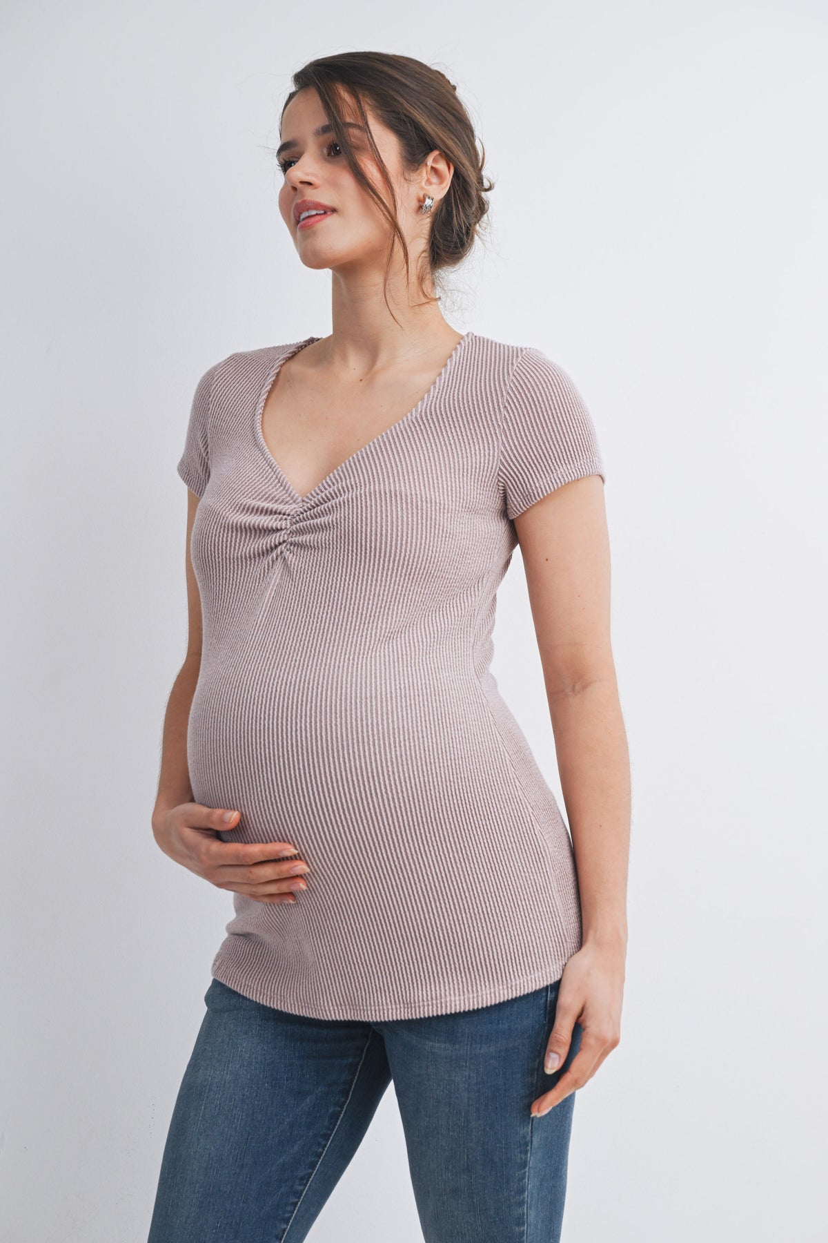 Taupe Ribbed Short Sleeve Soft V Neckline Maternity Top Side View