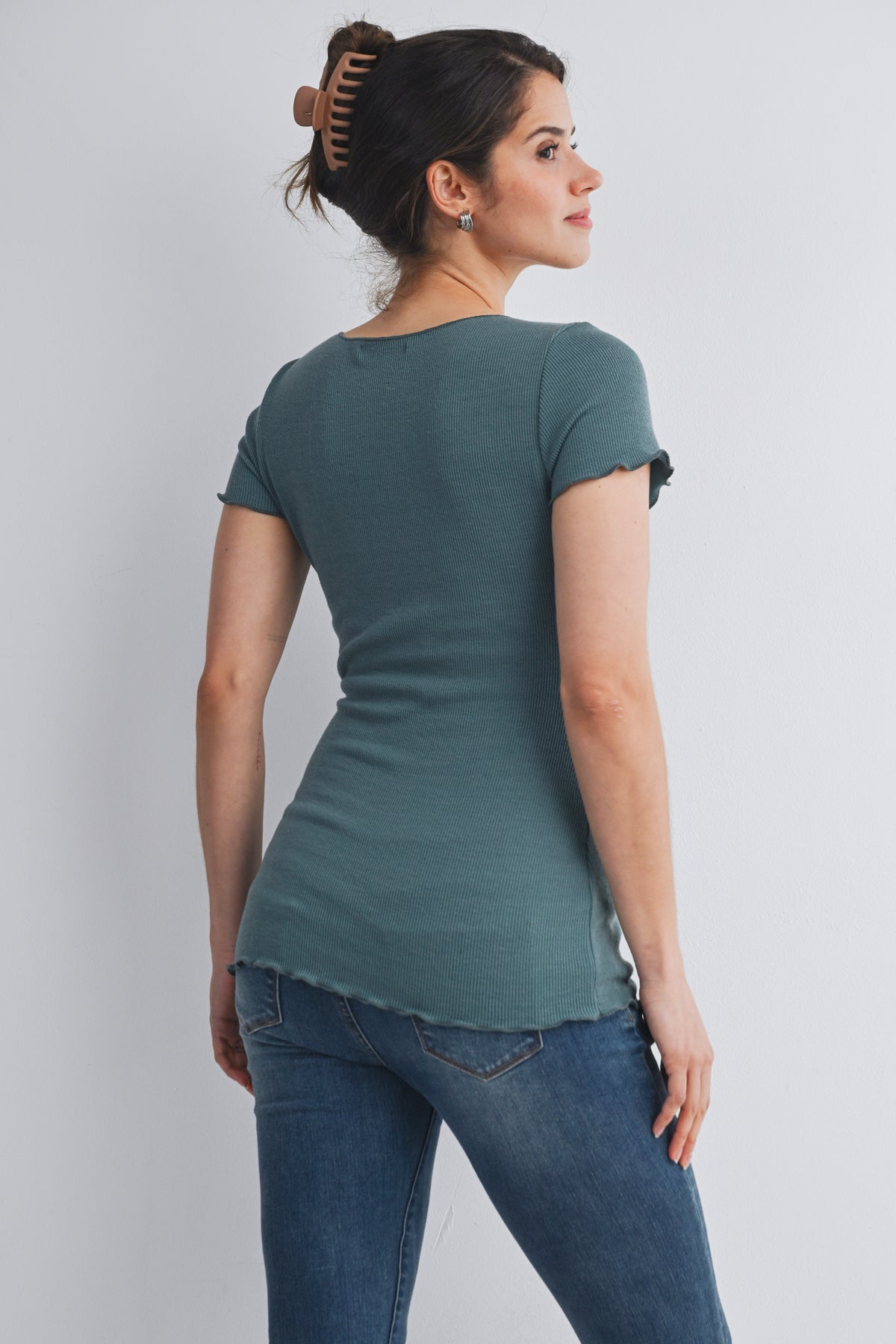 Jade Casual Ribbed Scoop Neck Short Sleeve Maternity Top Back View