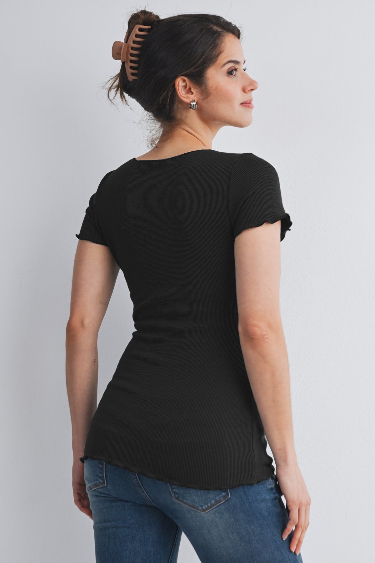 Black Casual Ribbed Scoop Neck Short Sleeve Maternity Top Back View