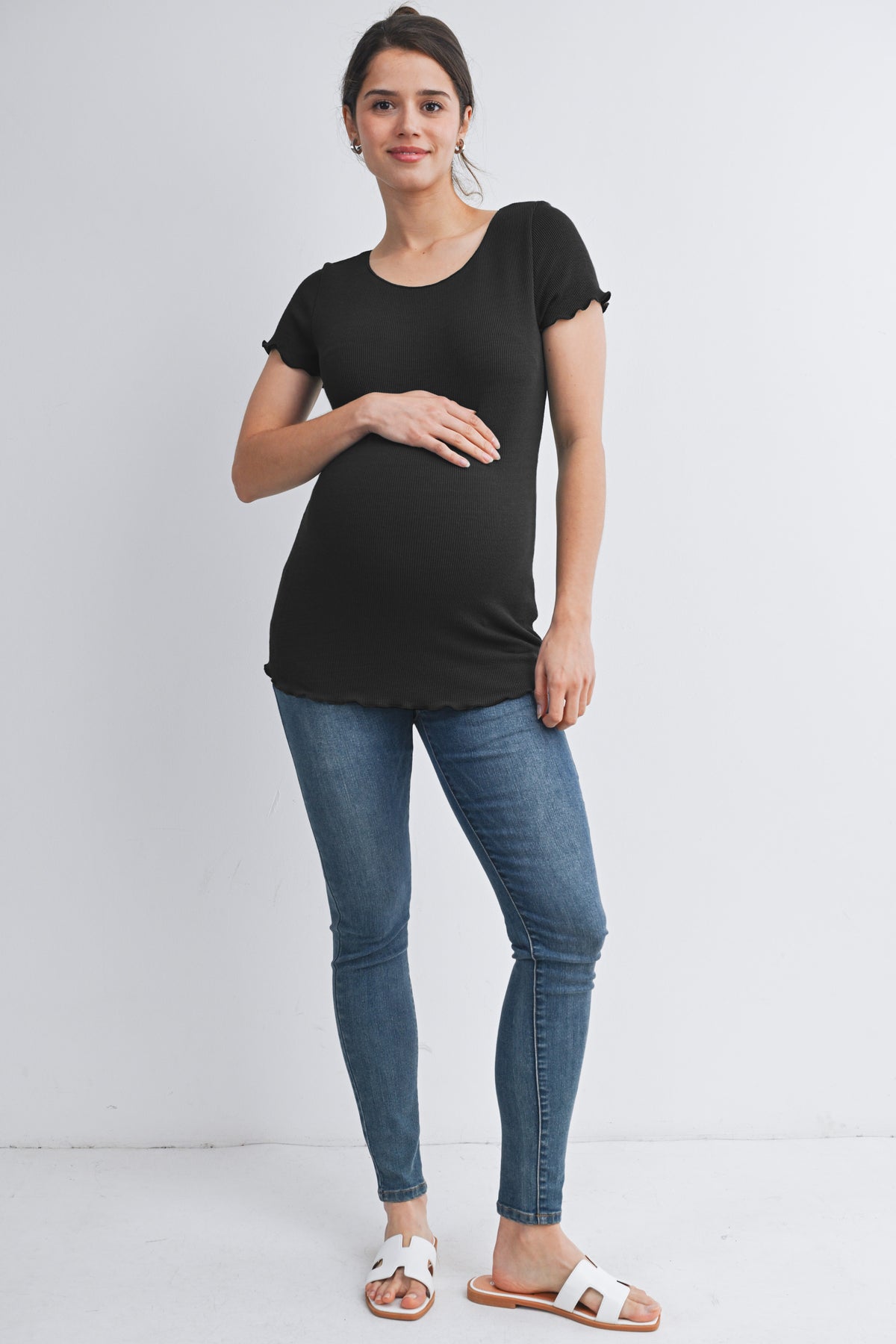 Black Casual Ribbed Scoop Neck Short Sleeve Maternity Top Full Body View