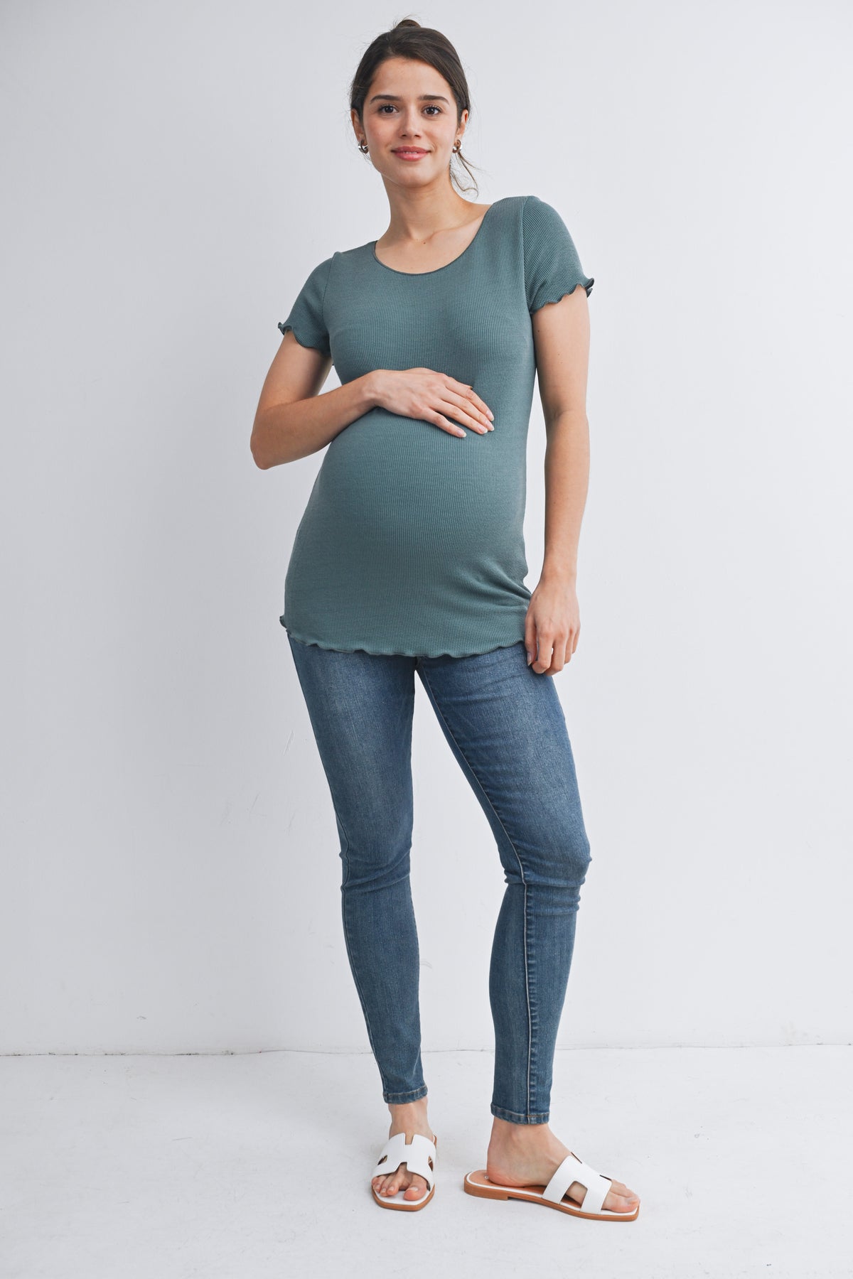 Jade Casual Ribbed Scoop Neck Short Sleeve Maternity Top Full Body View