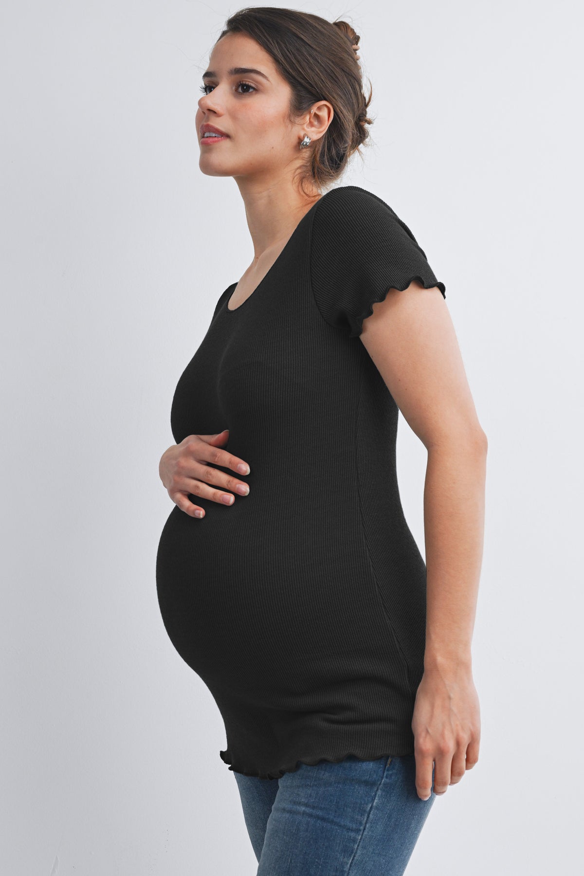 Black Casual Ribbed Scoop Neck Short Sleeve Maternity Top Side View