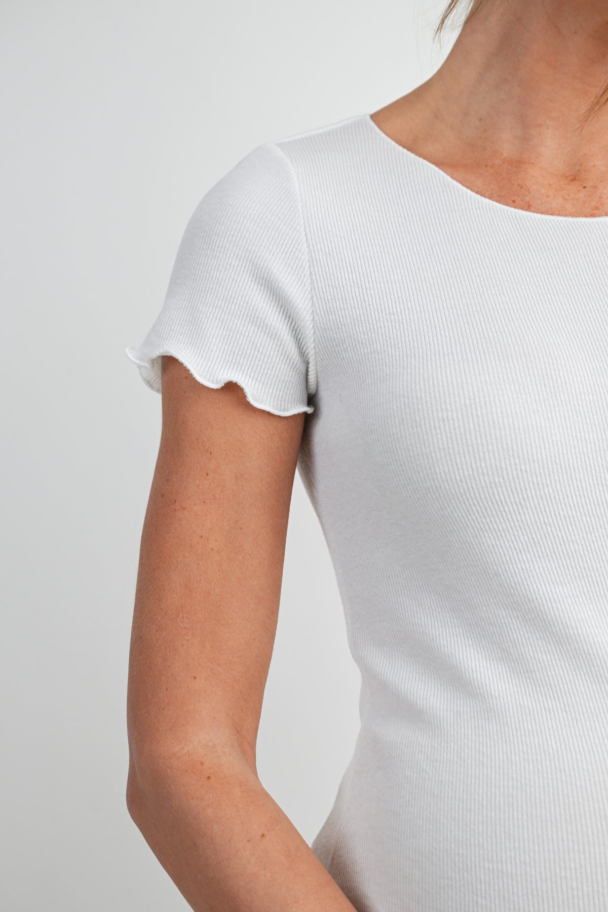 White Casual Ribbed Scoop Neck Short Sleeve Maternity Top Close Up Detail