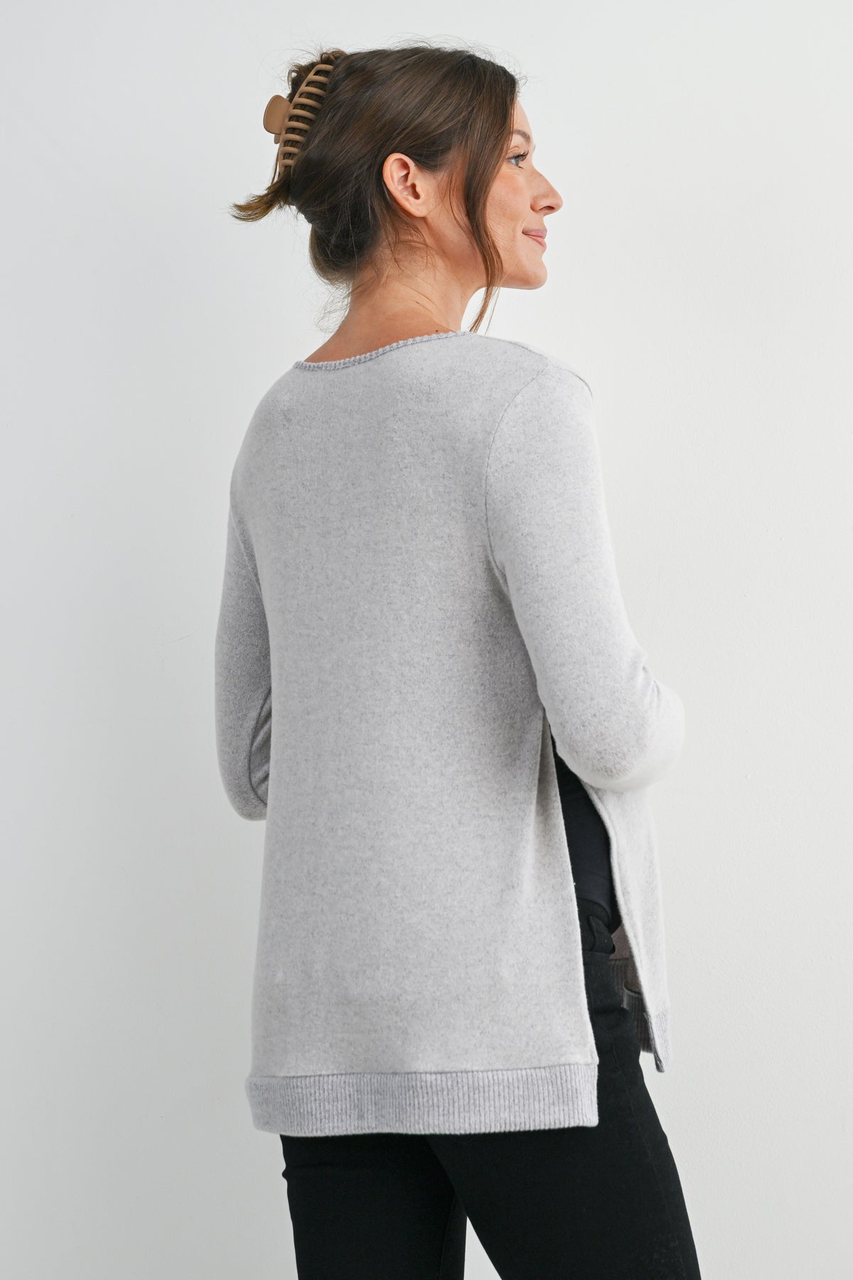 Heather Grey Long Sleeve Scoop Neck Maternity Sweater Knit Top Back View