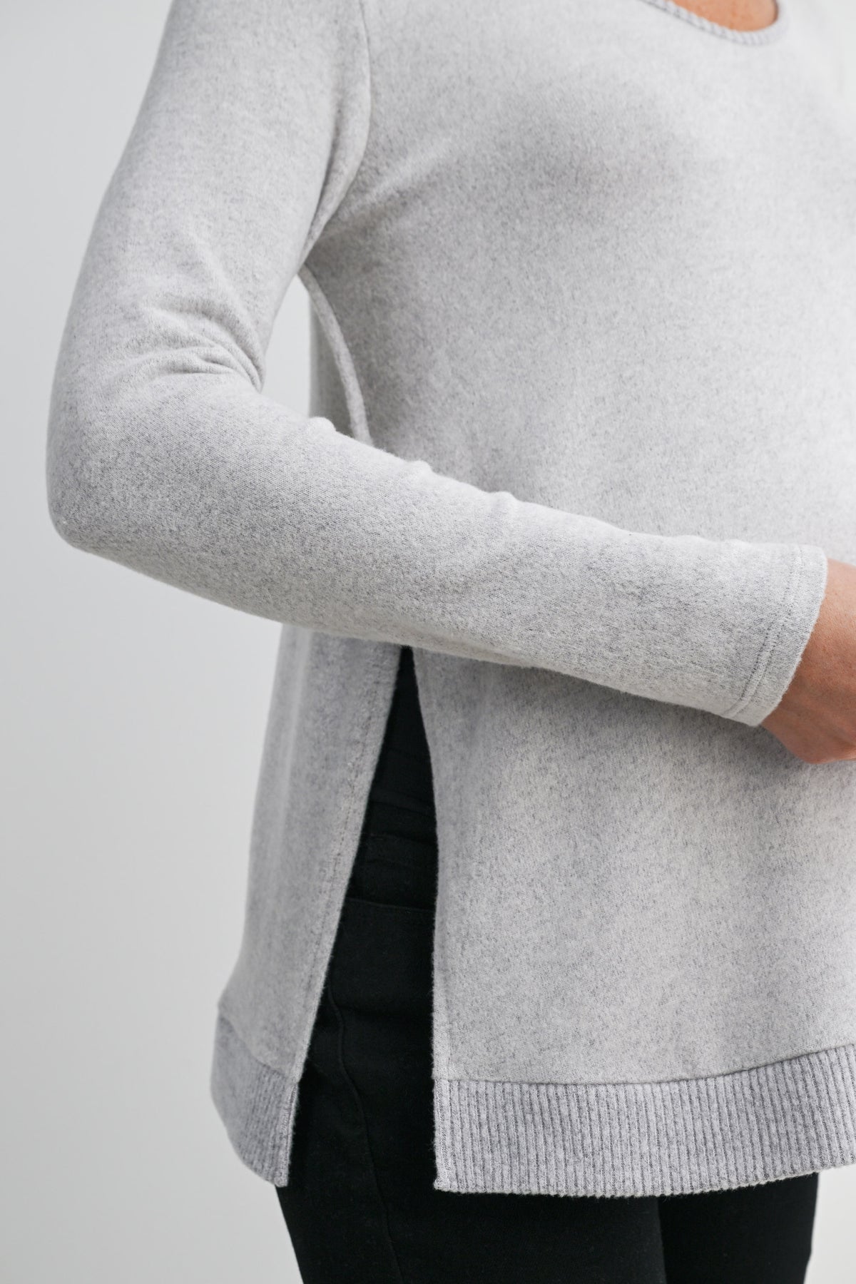 Heather Grey Long Sleeve Scoop Neck Maternity Sweater Knit Top Close Up
