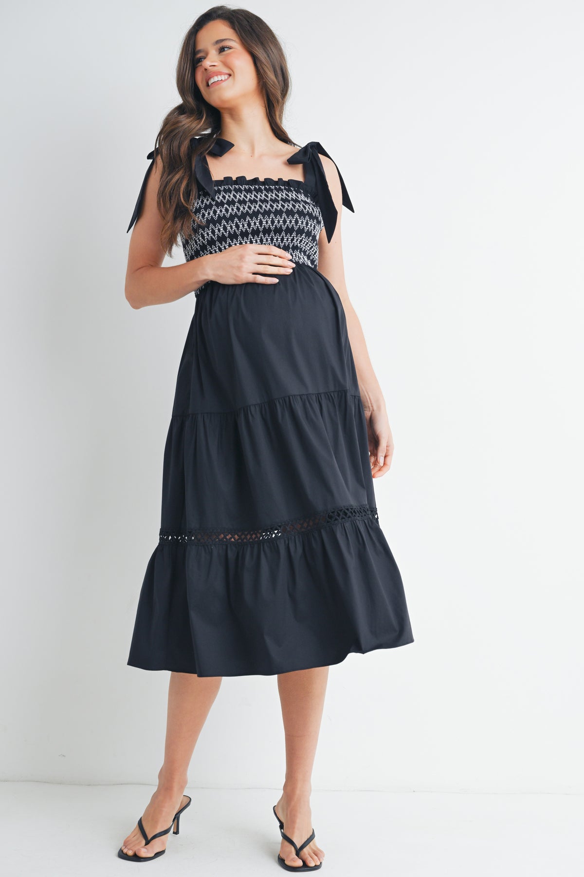 Black Tie Strap Smocked Ruffle Maternity Dress Full Body