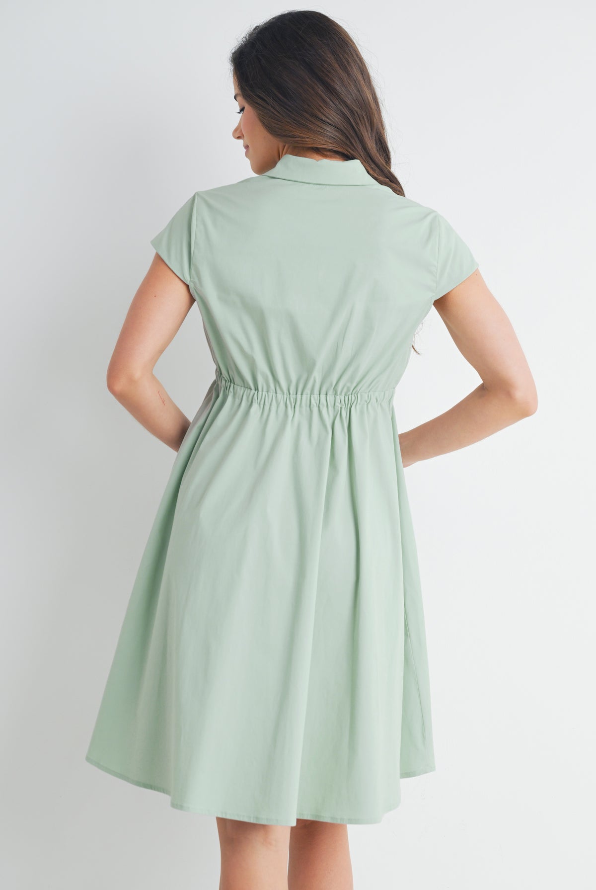 Sage Short Sleeve Button Front Belted Maternity Dress Back View