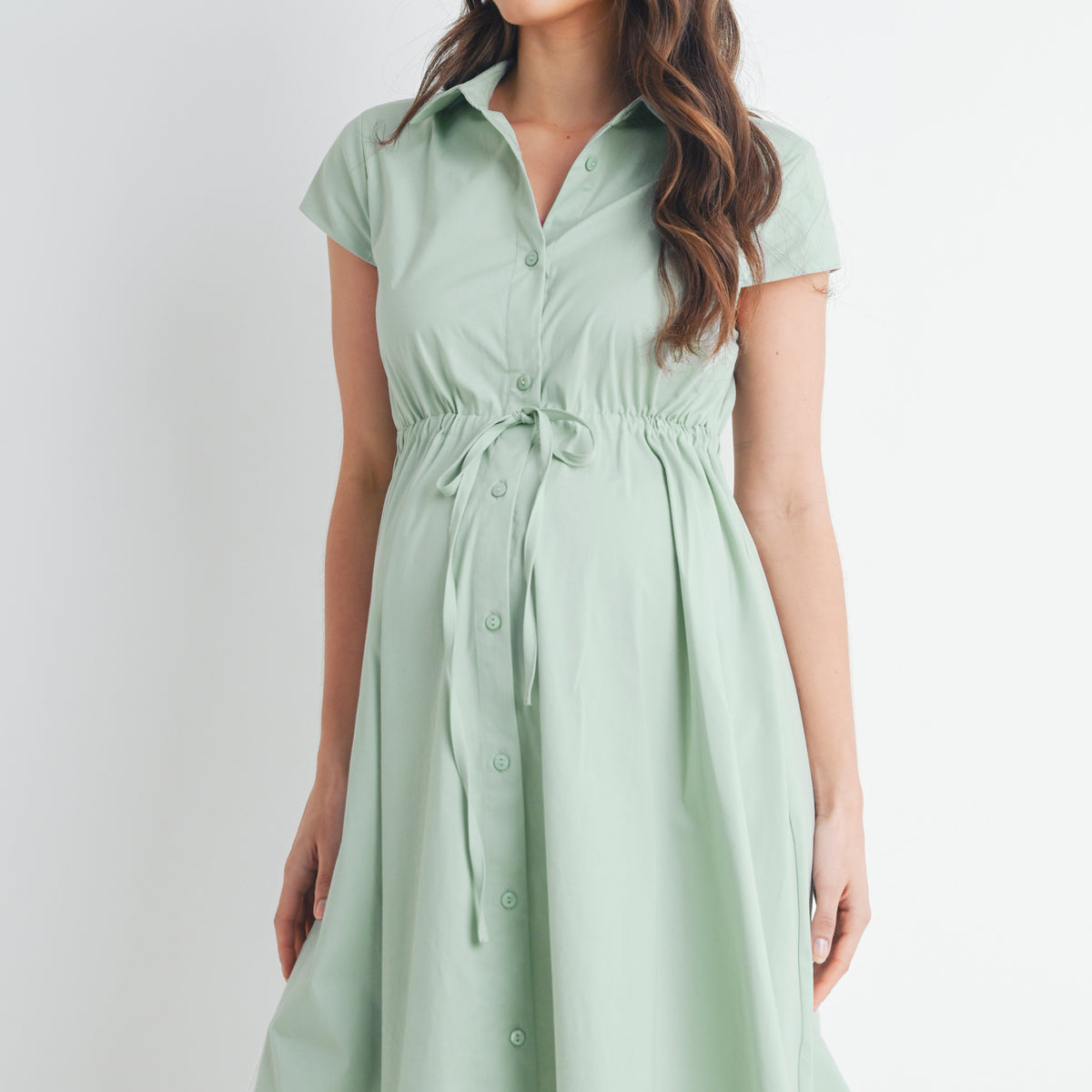 Sage Short Sleeve Button Front Belted Maternity Dress Front View