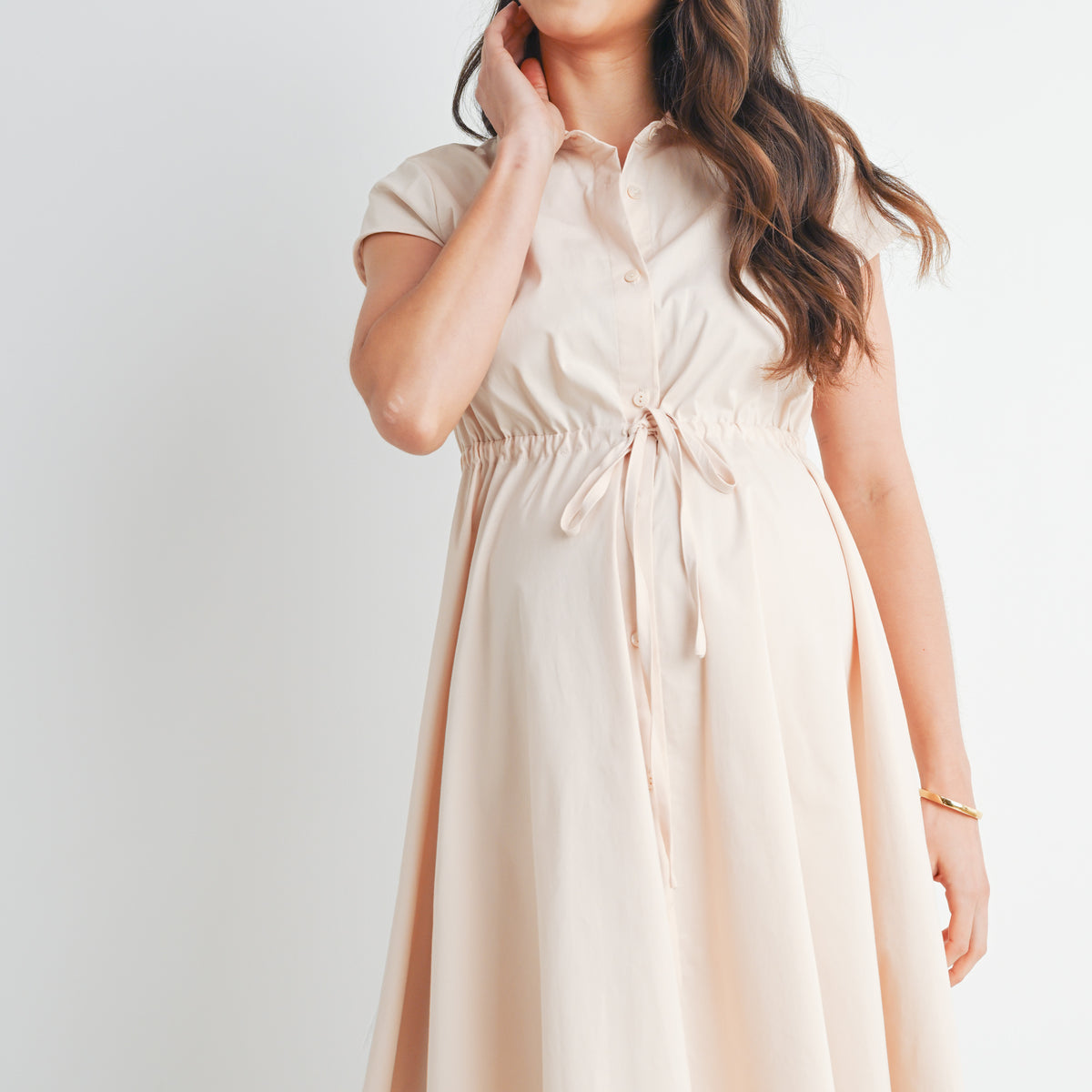 Khaki Short Sleeve Button Front Belted Maternity Dress Front View
