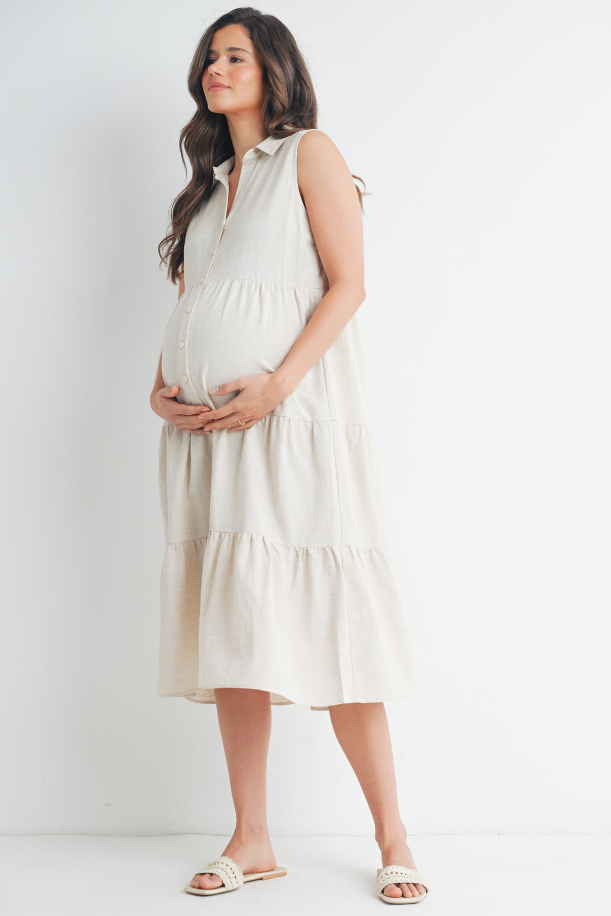 Oatmeal Sleeveless Button-Front Tiered Midi Maternity Dress Side View
