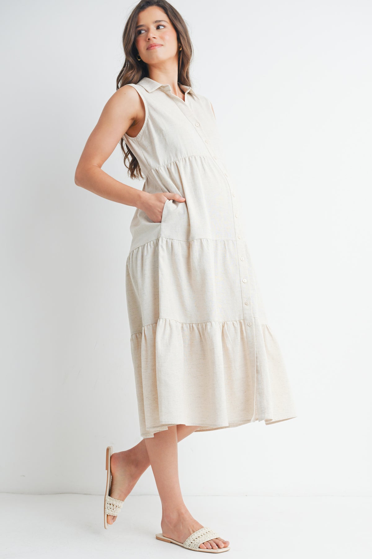 Oatmeal Sleeveless Button-Front Tiered Midi Maternity Dress Side View