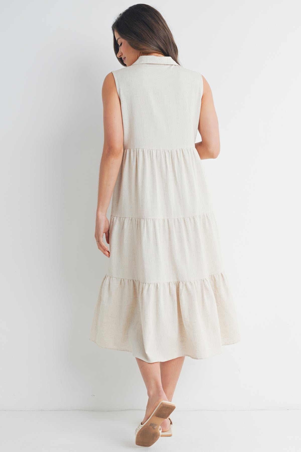 Oatmeal Sleeveless Button-Front Tiered Midi Maternity Dress Back View