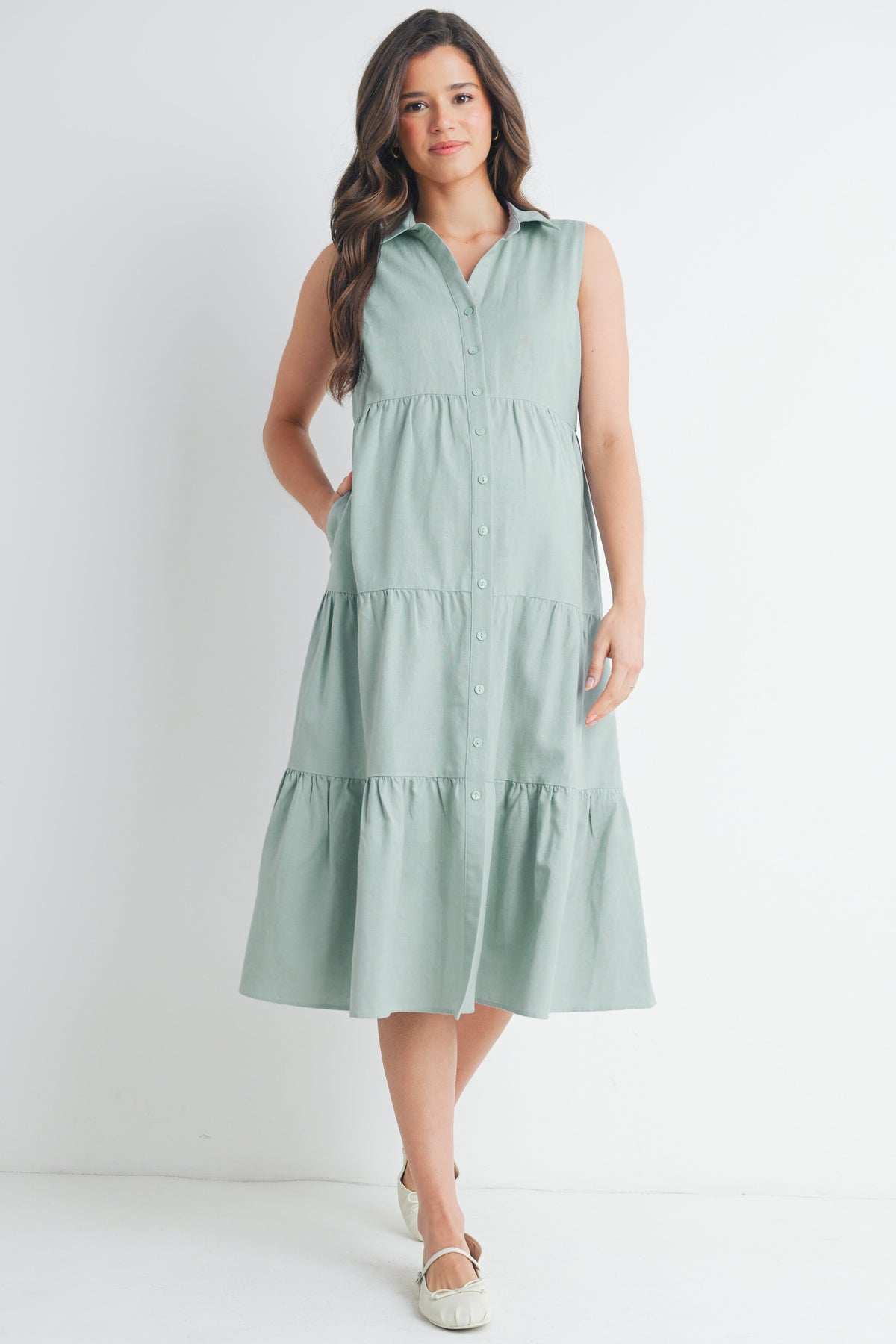 Sage Sleeveless Button-Front Tiered Midi Maternity Dress Front View