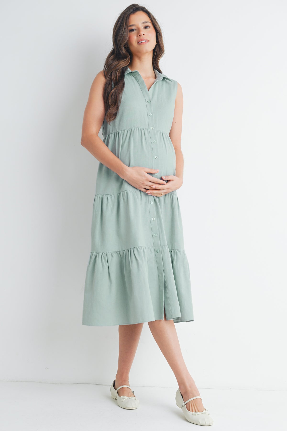 Sage Sleeveless Button-Front Tiered Midi Maternity Dress Front View