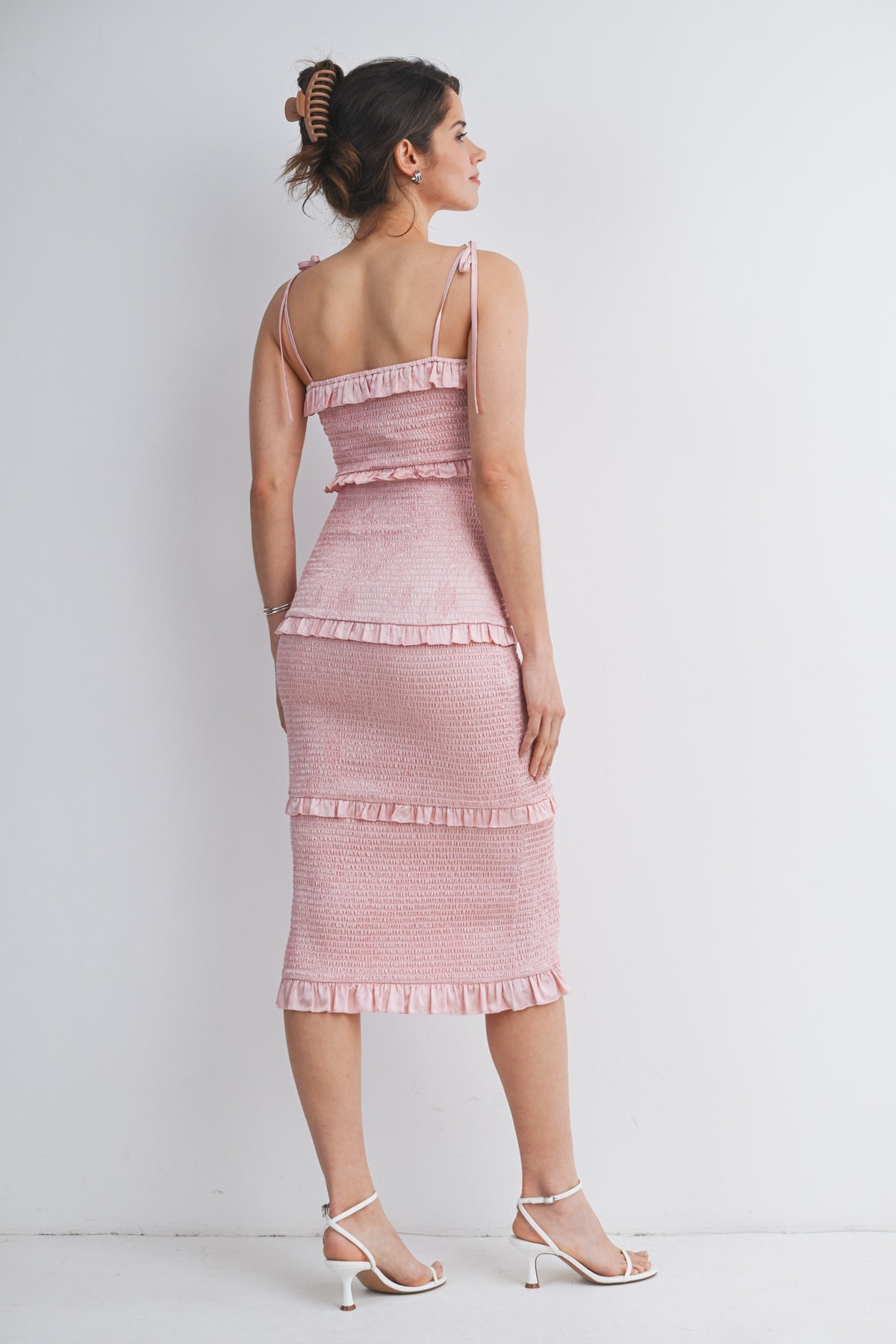 Peach Bodycon Smoked Ruffle Tie Straps Maternity Midi Dress Back View