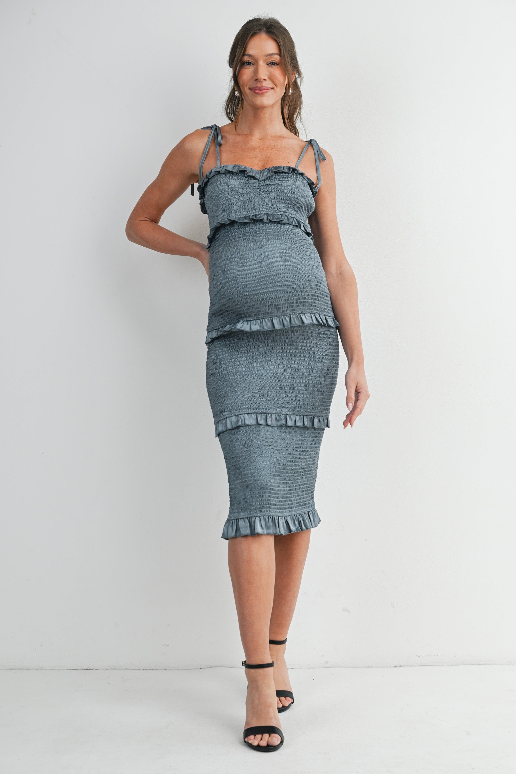 Teal Bodycon Smoked Ruffle Tie Straps Maternity Midi Dress Front View
