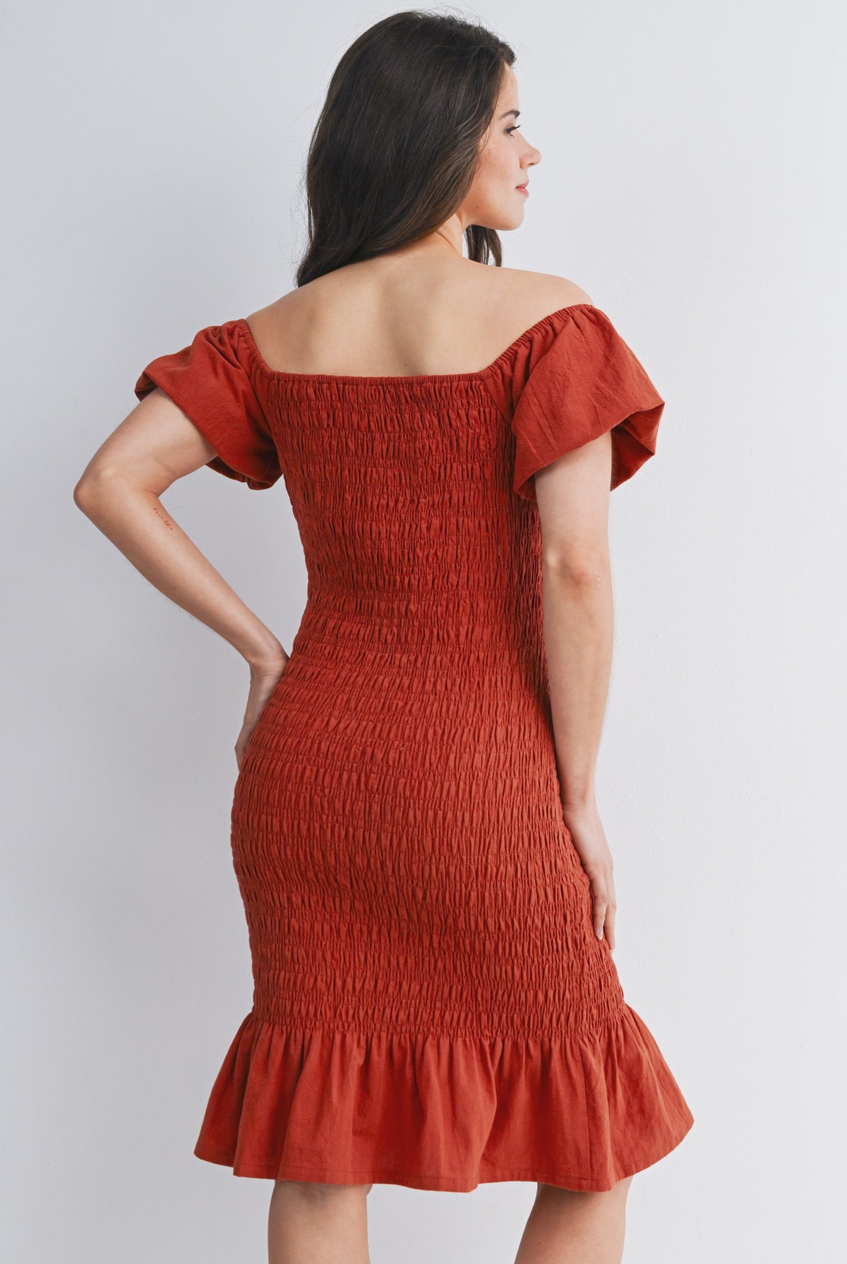 Rust Off Shoulder Smocked Ruffle Hem Maternity Midi Bodycon Dress Back View
