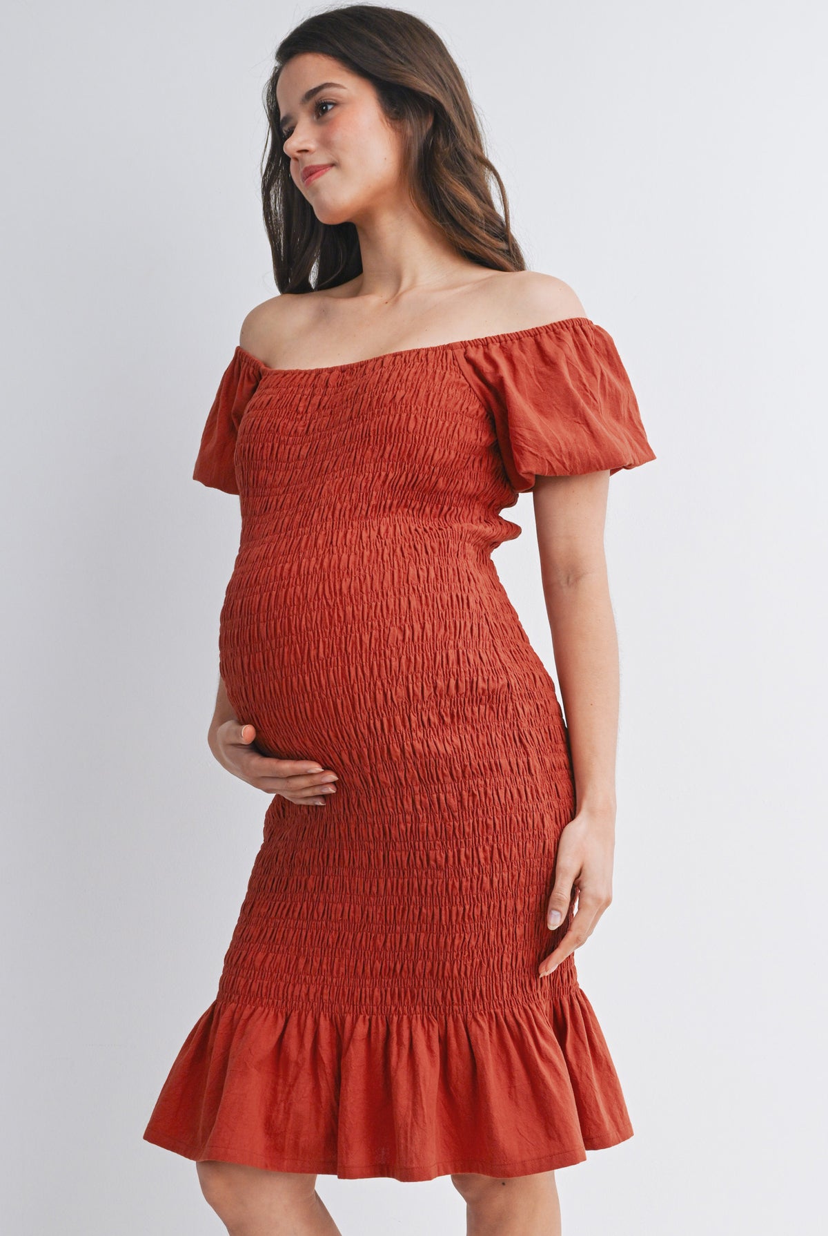 Rust Off Shoulder Smocked Ruffle Hem Maternity Midi Bodycon Dress Side View