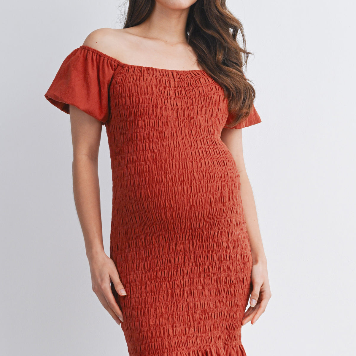 Rust Off Shoulder Smocked Ruffle Hem Maternity Midi Bodycon Dress Front View
