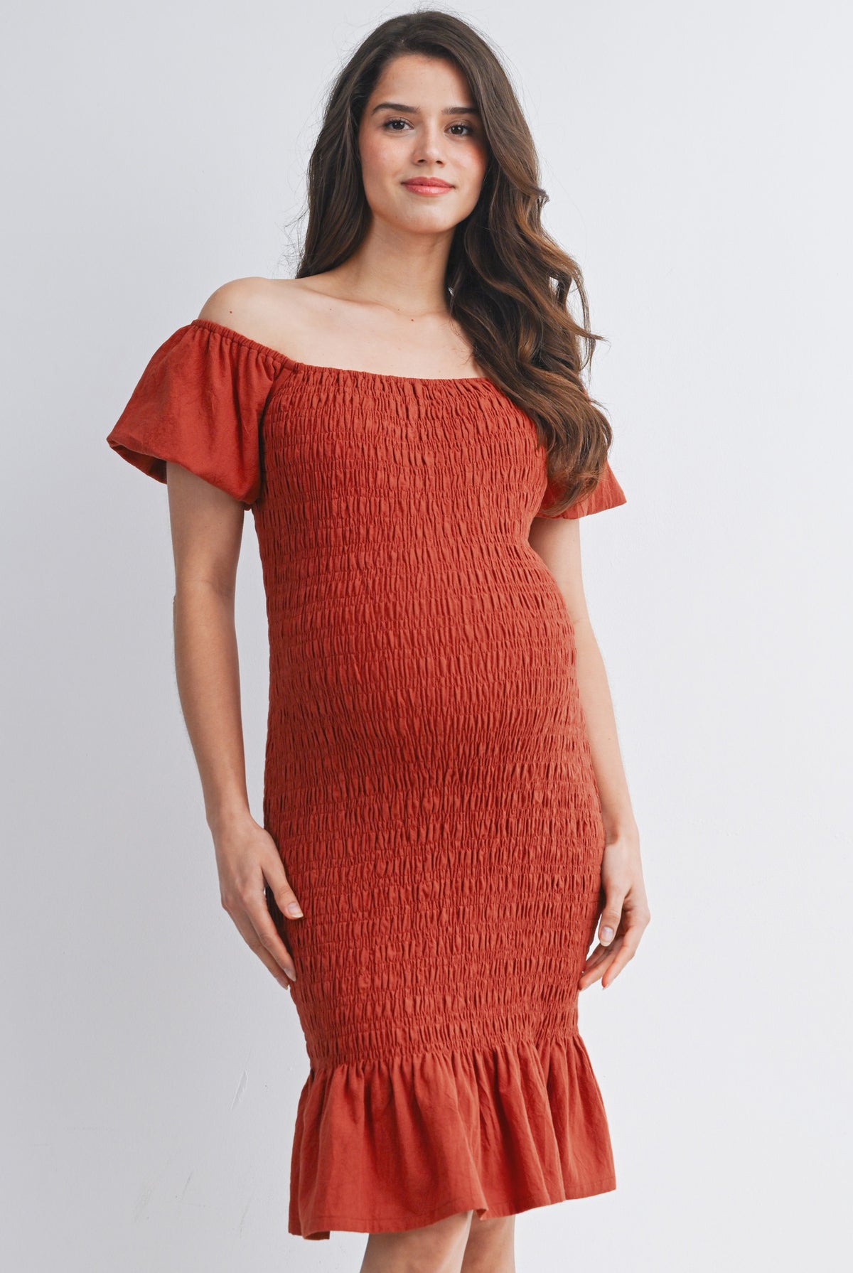 Rust Off Shoulder Smocked Ruffle Hem Maternity Midi Bodycon Dress Front View