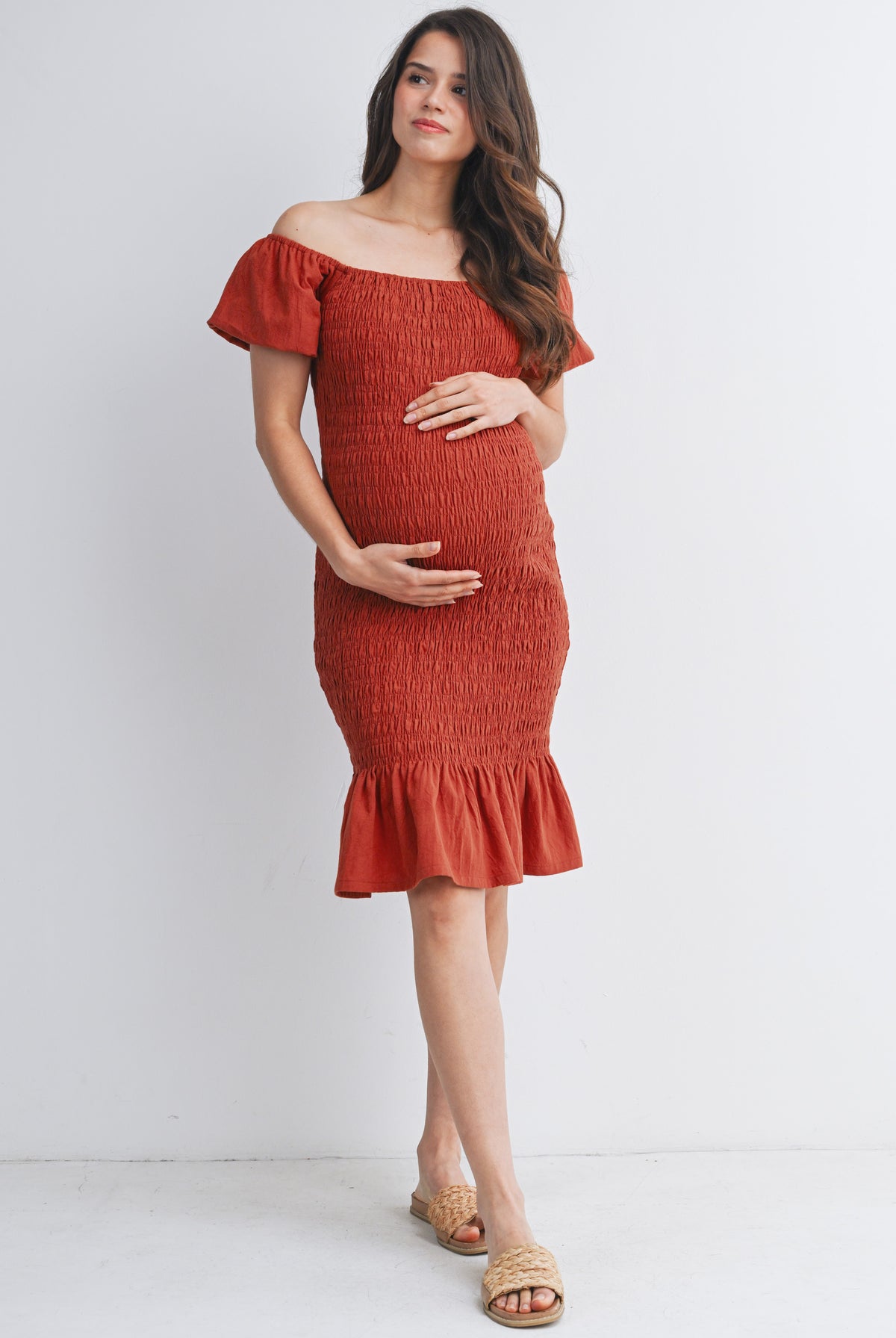 Rust Off Shoulder Smocked Ruffle Hem Maternity Midi Bodycon Dress Full Body View