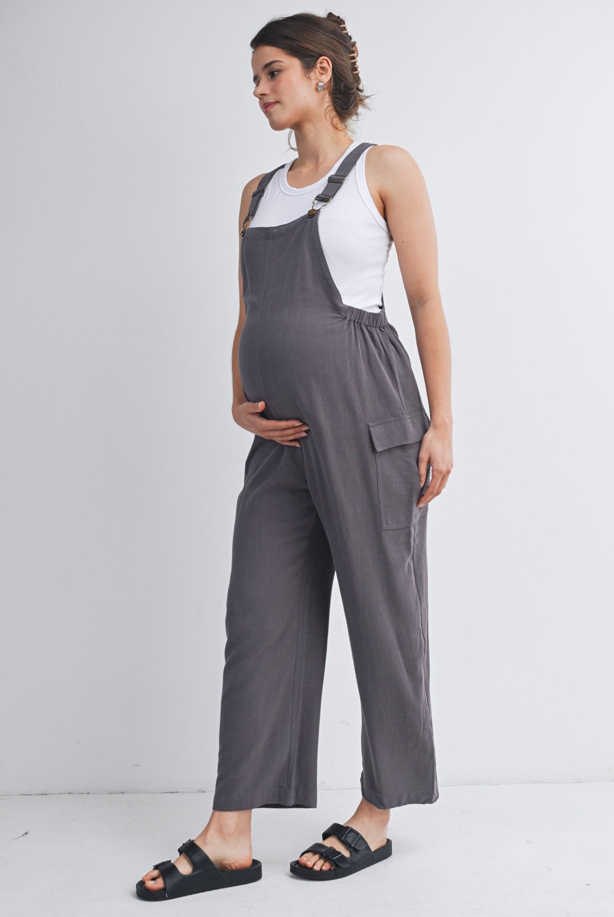 Dark Grey Adjustable Straight Leg Maternity Overalls Side View
