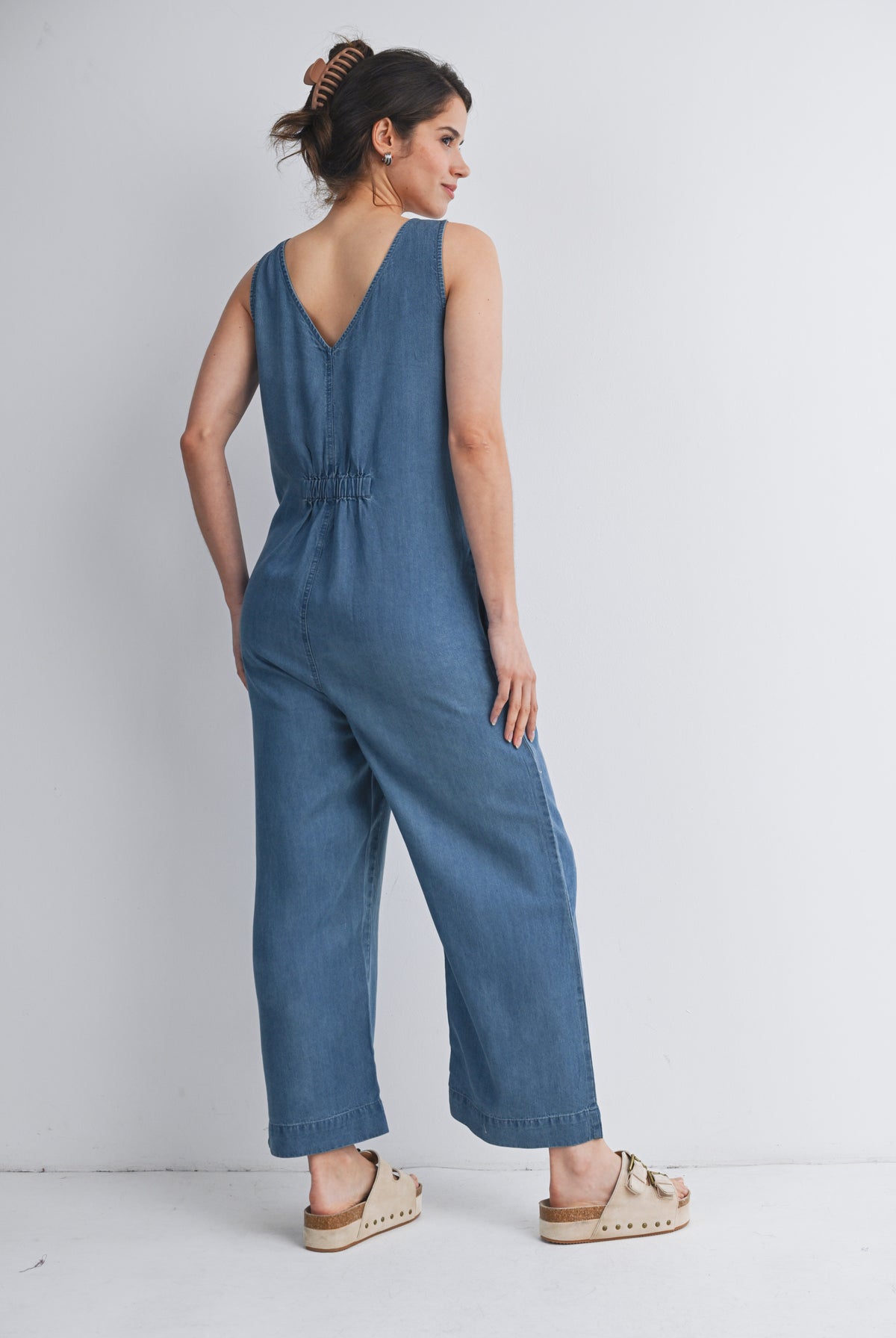 Denim Sleeveless Front Zip Maternity Jumpsuit Nursing Friendly Back View