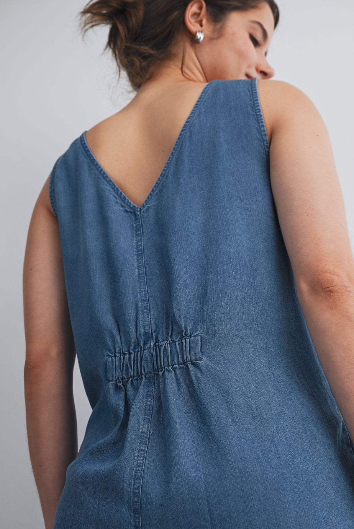 Denim Sleeveless Front Zip Maternity Jumpsuit Nursing Friendly Back Close Up