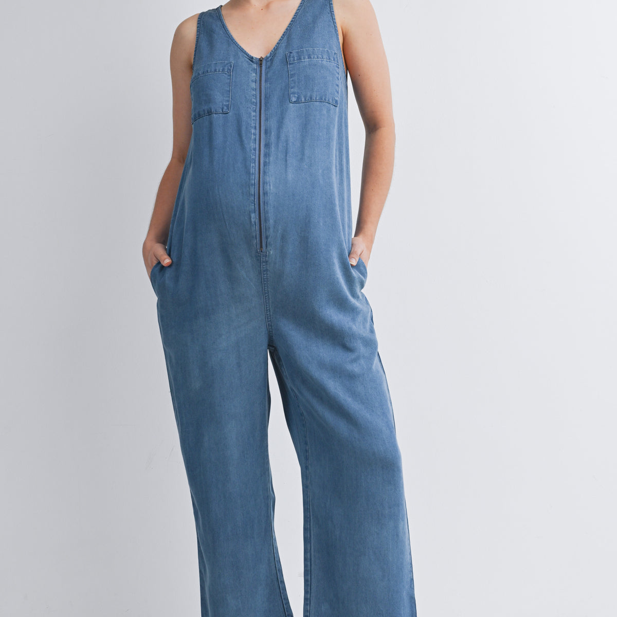 Denim Sleeveless Front Zip Maternity Jumpsuit Nursing Friendly Front View