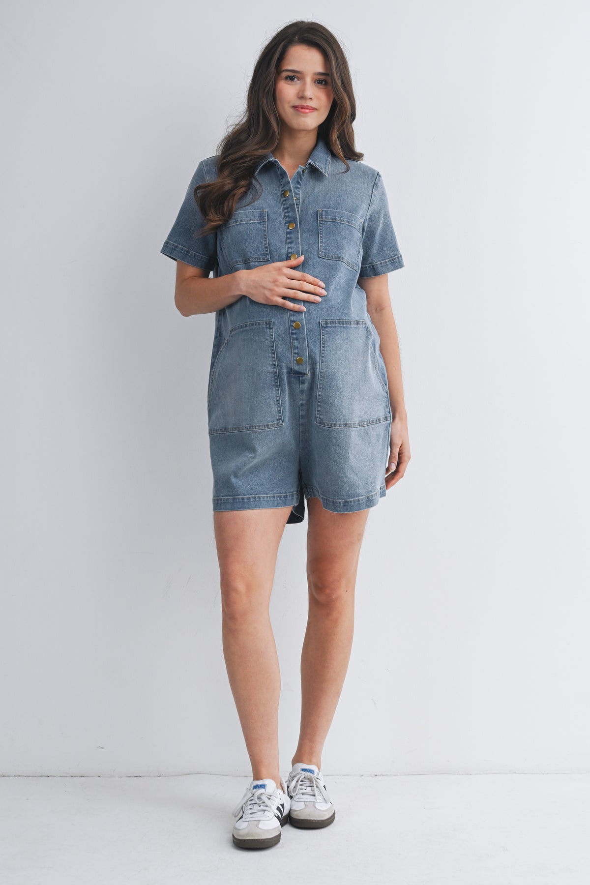 Demin Short Sleeve Button Up Maternity Romper with Pockets Full Body View