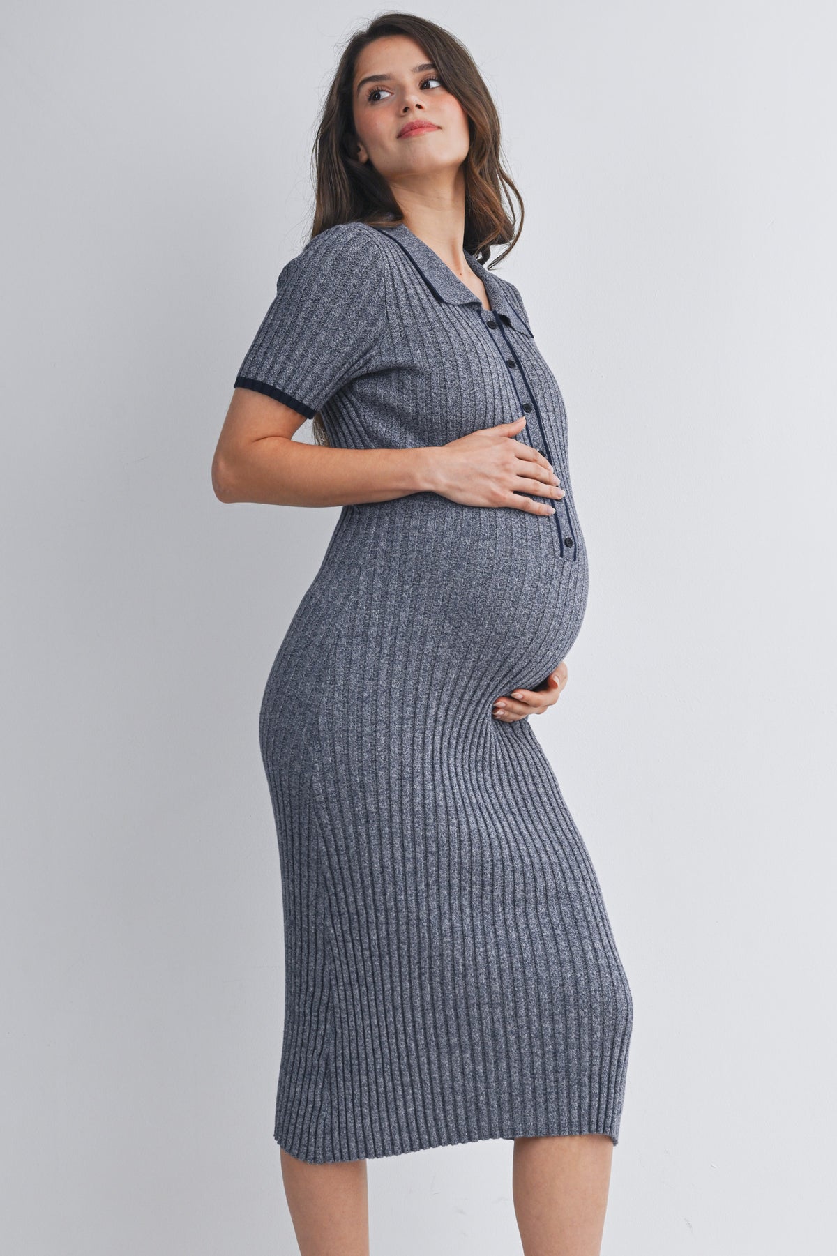Navy Collared Ribbed Button Front Short Sleeve Maternity Midi Dress Nursing Friendly Side View
