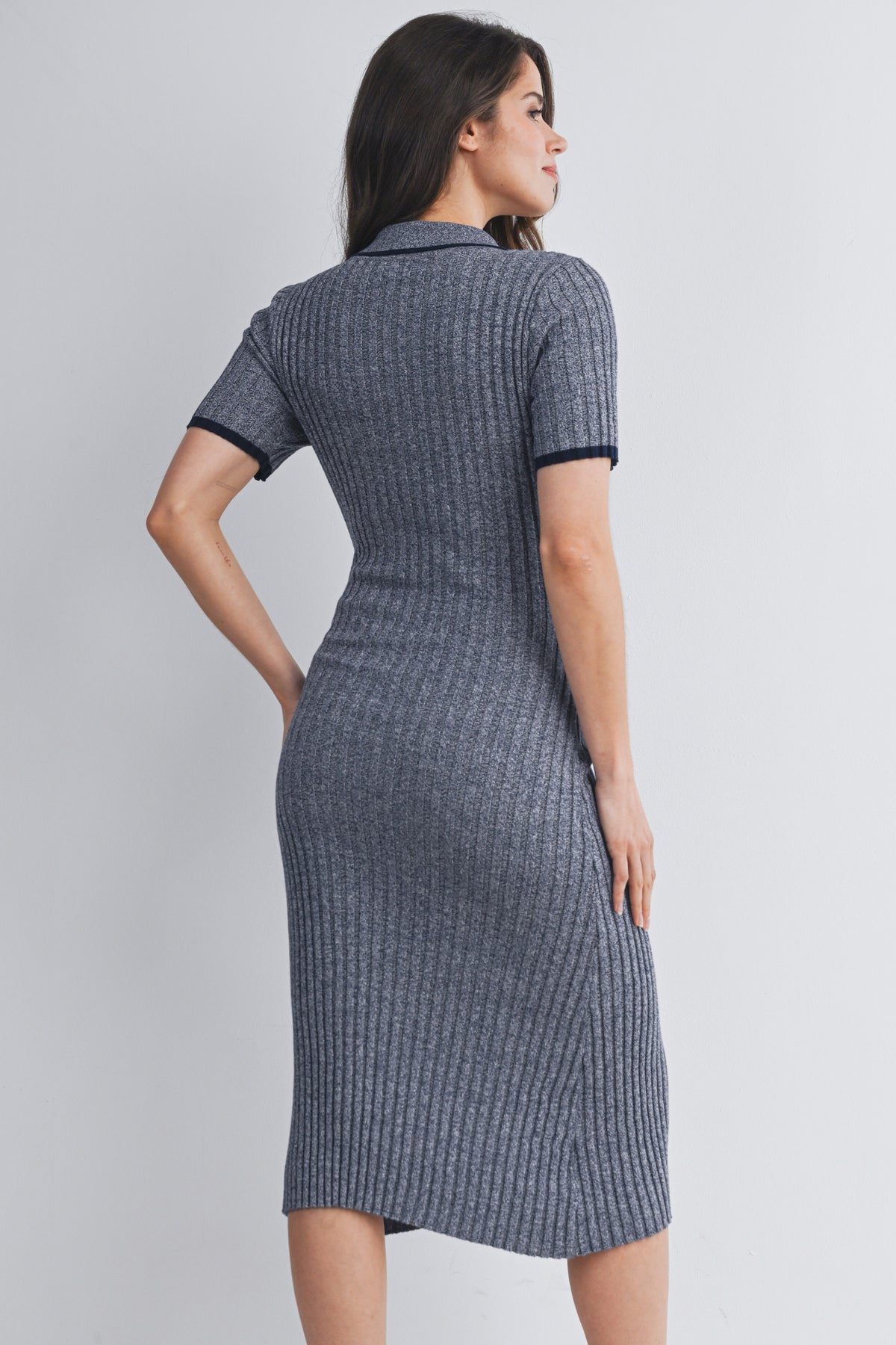 Navy Collared Ribbed Button Front Short Sleeve Maternity Midi Dress Nursing Friendly Back View
