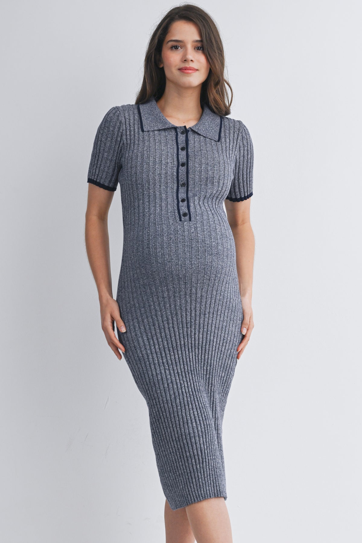 Navy Collared Ribbed Button Front Short Sleeve Maternity Midi Dress Nursing Friendly Front View