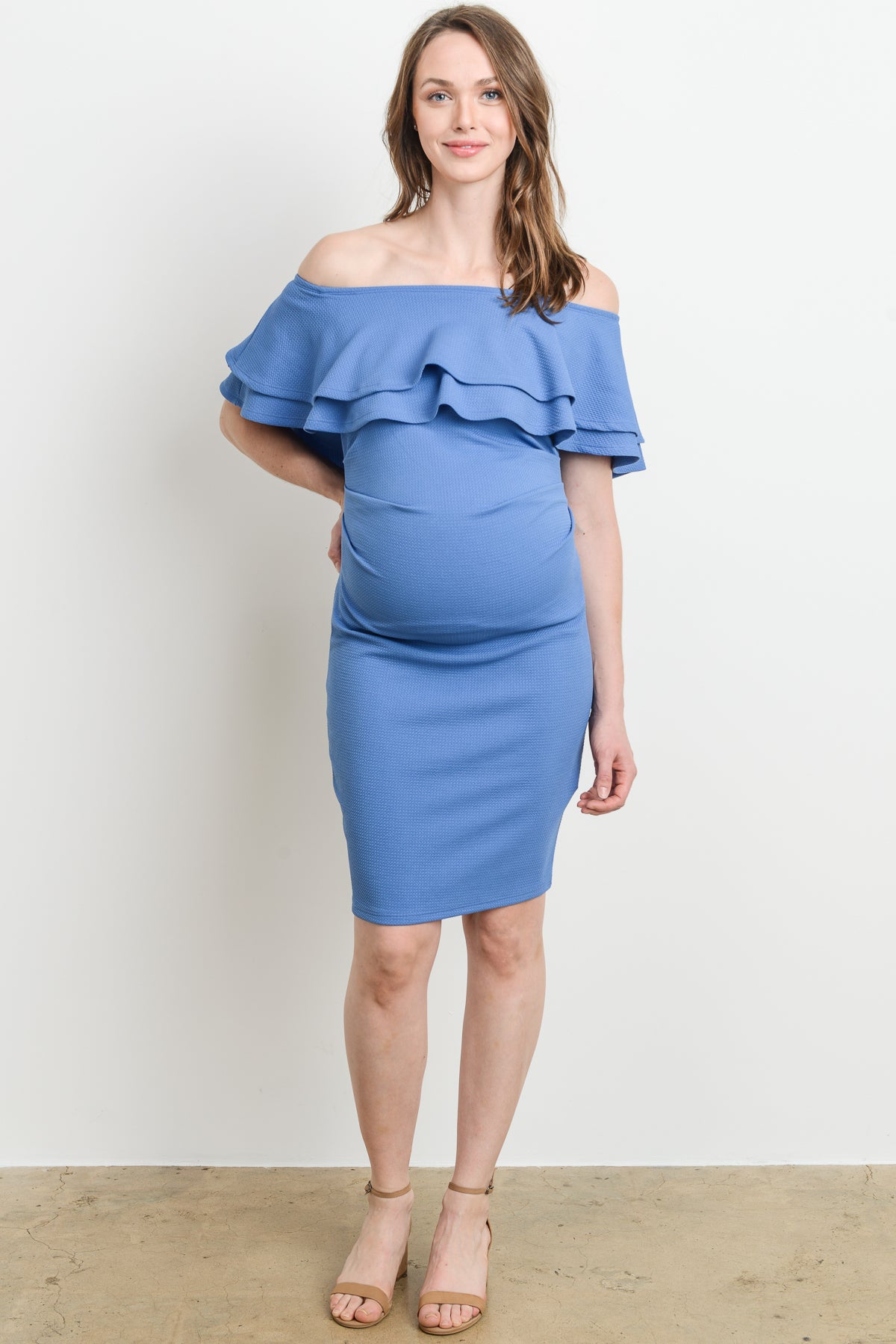 Denim Double Ruffle Off Shoulder Maternity Dress Full Body