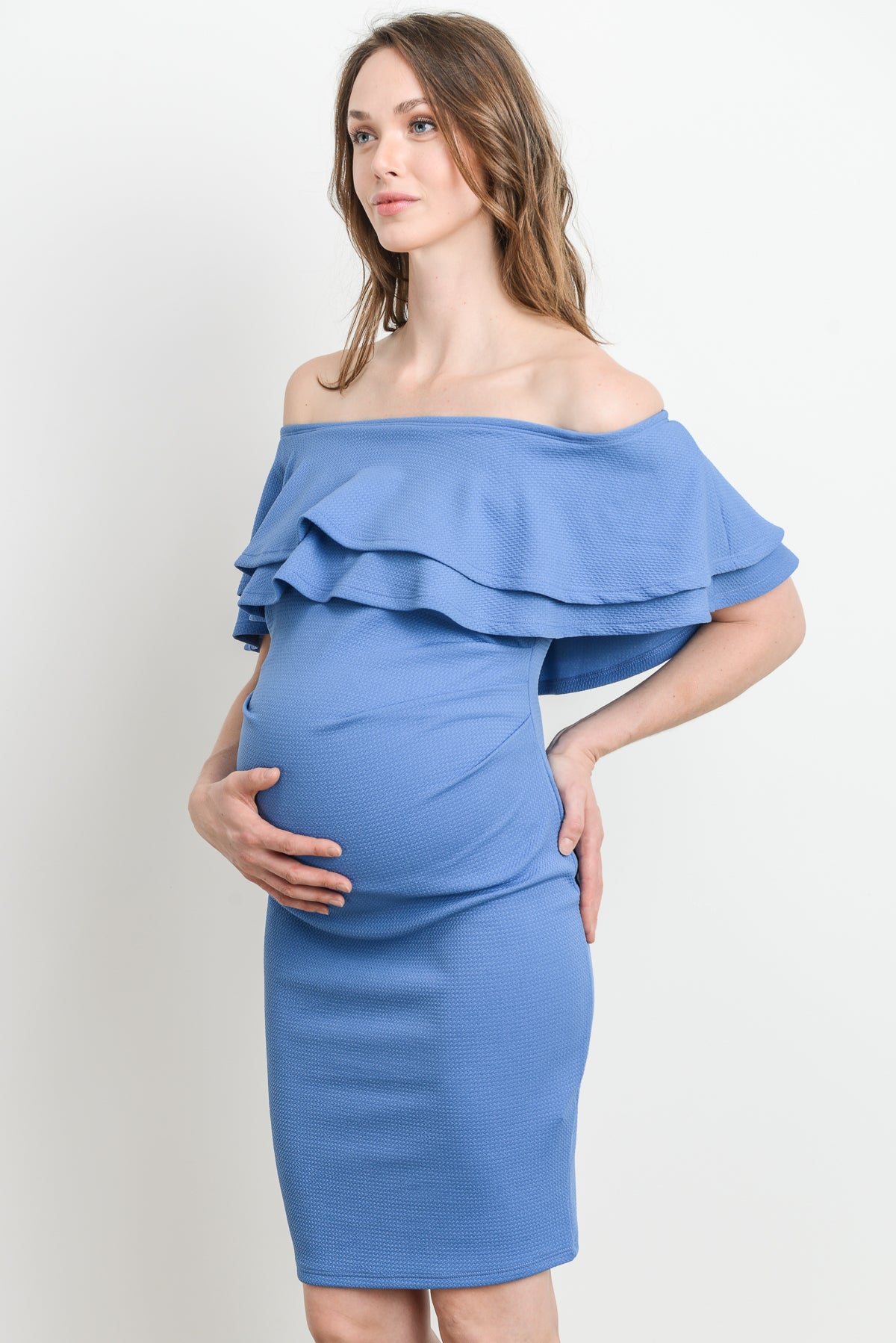 Denim Double Ruffle Off Shoulder Maternity Dress Side View