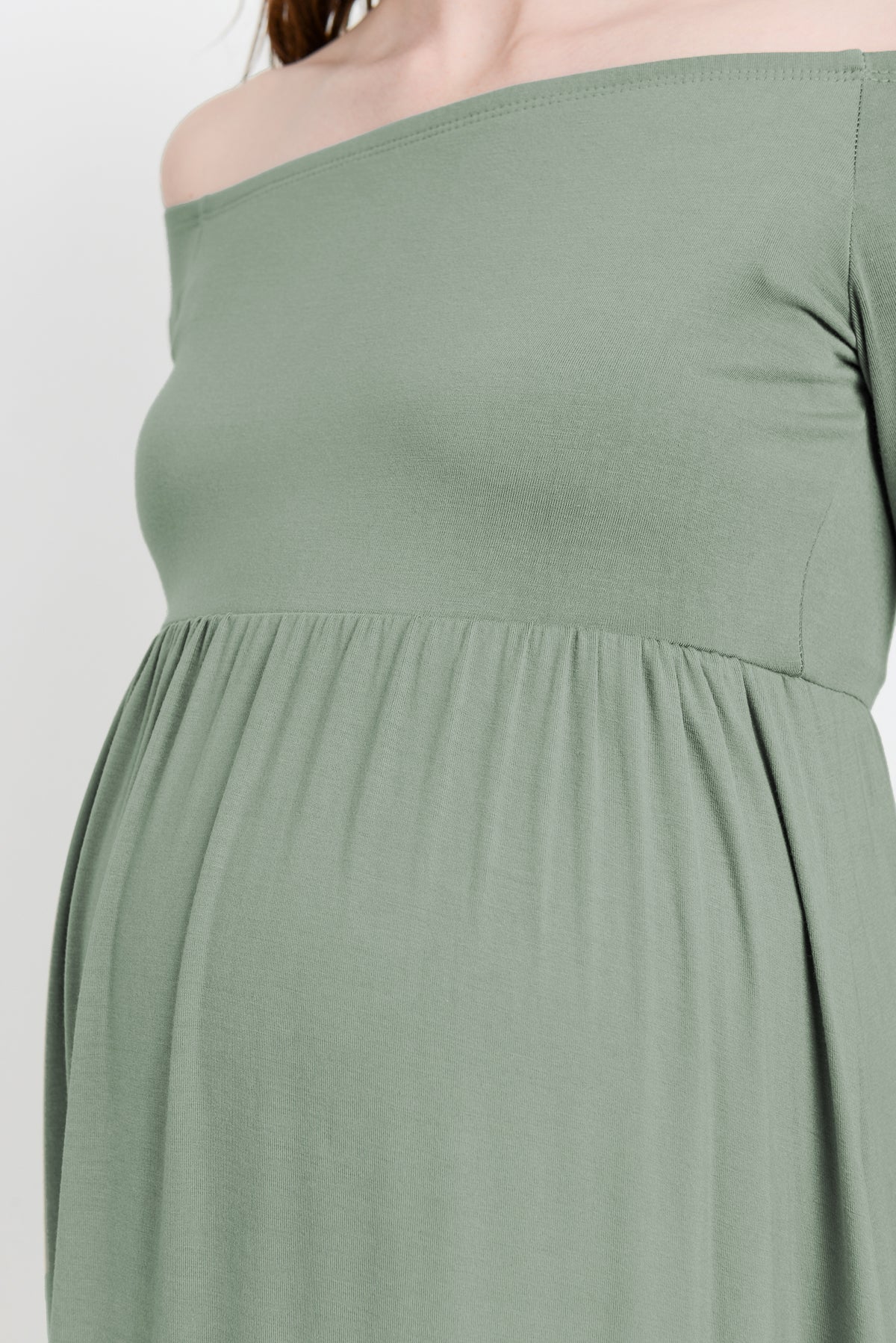 Green Off Shoulder Long Sleeve Maternity Maxi Dress Close Up