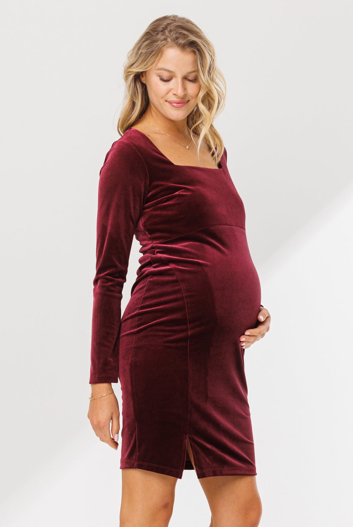 Burgundy Square Neck Velvet Maternity Dress With Side Slit Side