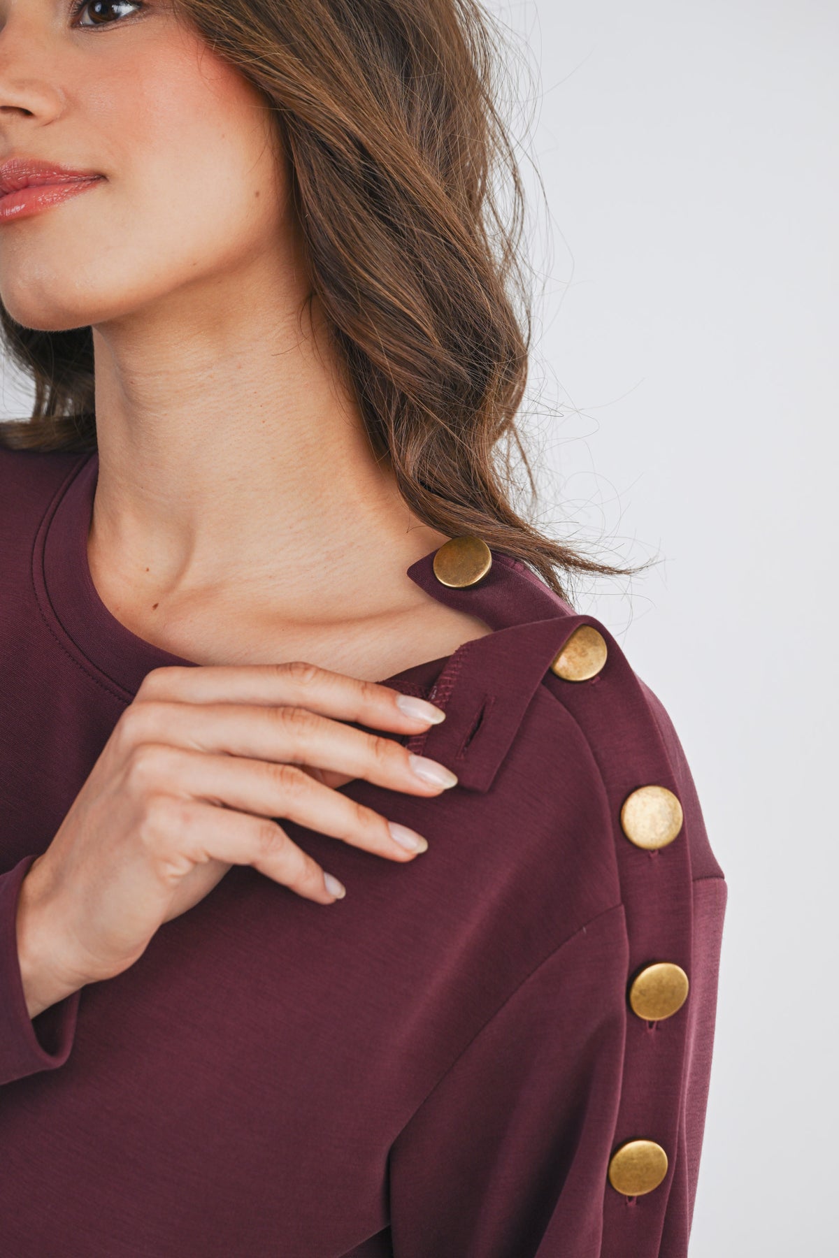 Dark Wine Long Sleeve Crewneck Ruffle Hem Maternity Dress Button Detail Close Up