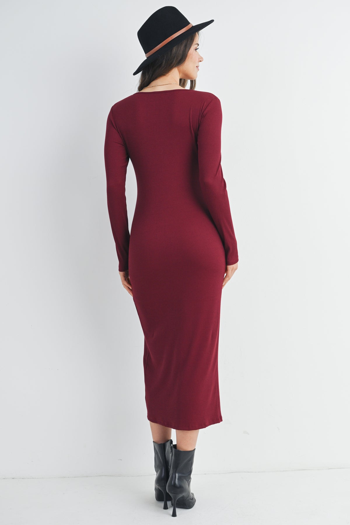 Burgundy Ribbed Long Sleeve Scoop Neck Maternity Midi Dress Back View