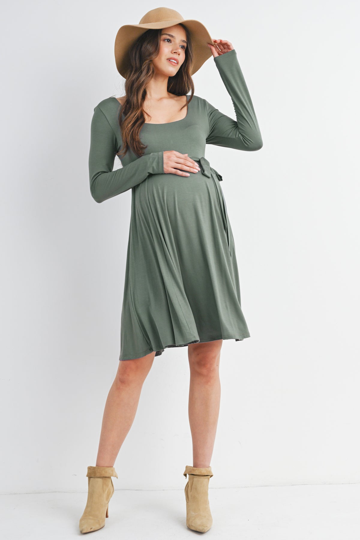 Olive Scoop Neck Long Sleeve Maternity Dress with Waist Belt Full Body