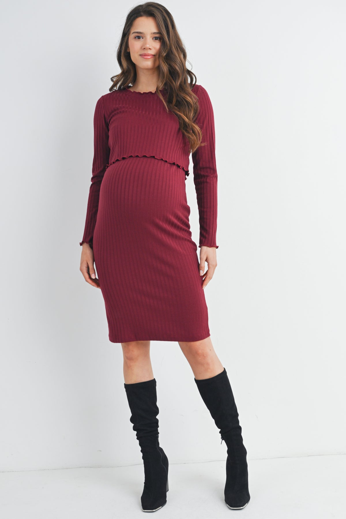 Burgundy Ribbed Round Neck Long Sleeve Lettuce Trim Maternity Nursing Dress Front View