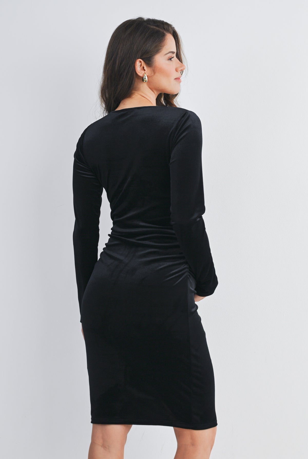 Black Velvet Side Ruched Long Sleeve Maternity Dress Back View