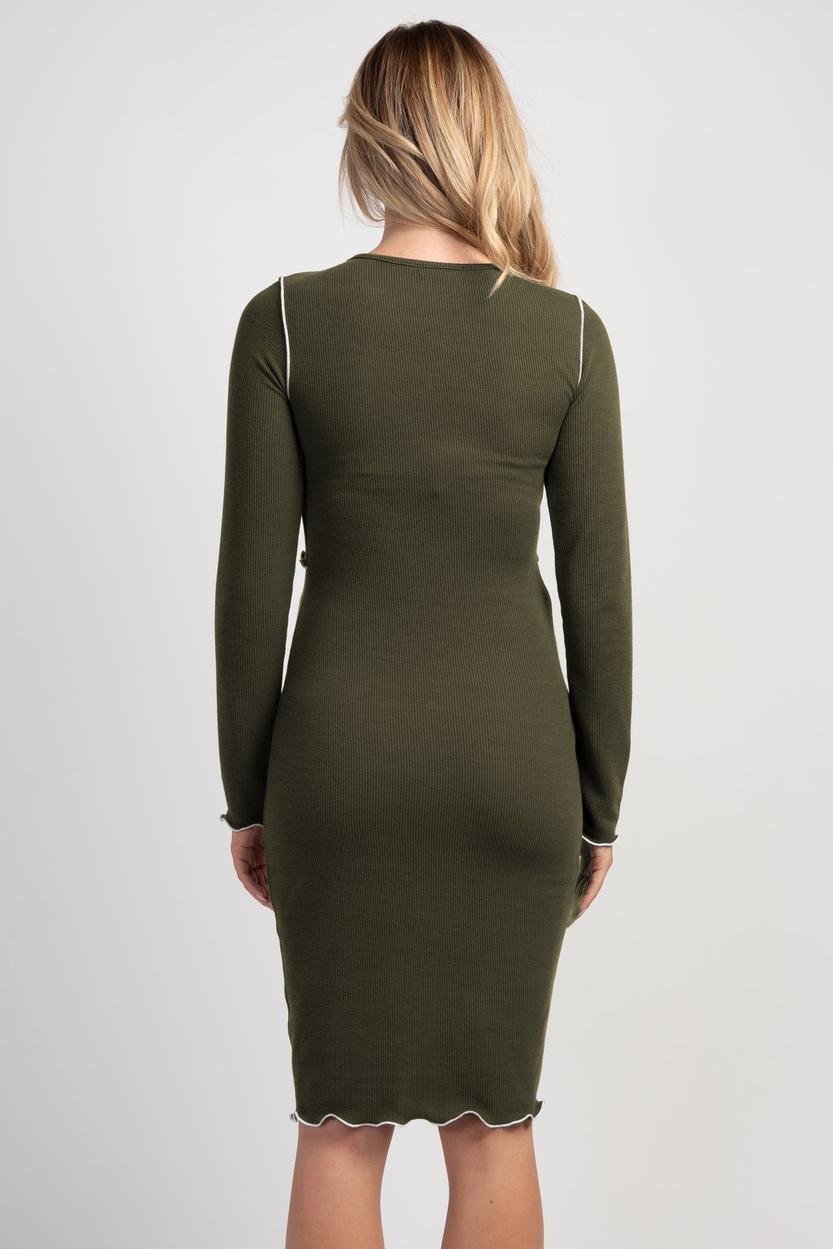 Olive Long Sleeve Crew Neck Rib Knit Maternity Nursing Dress Back View