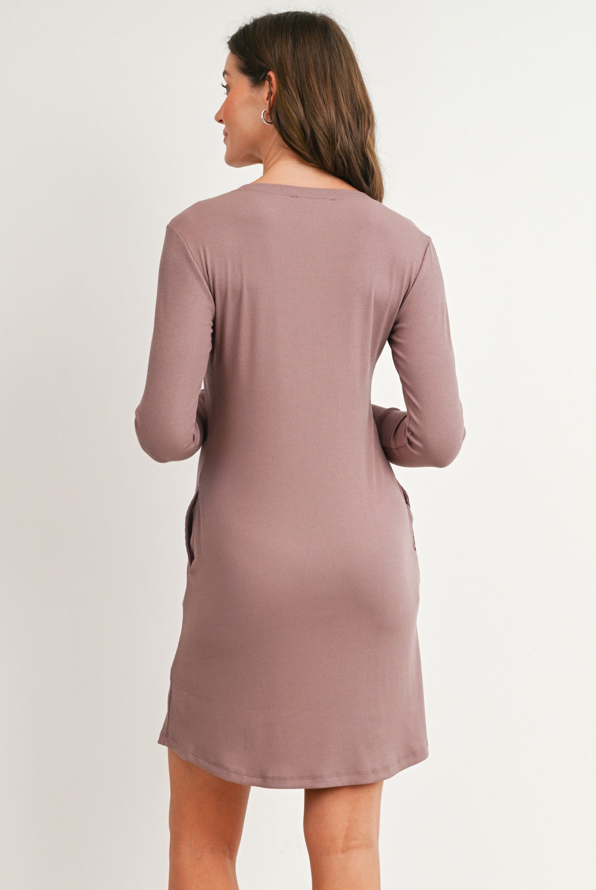 Ribbed long sleeve maternity nursing dress with snap front in dark mauve– back view
