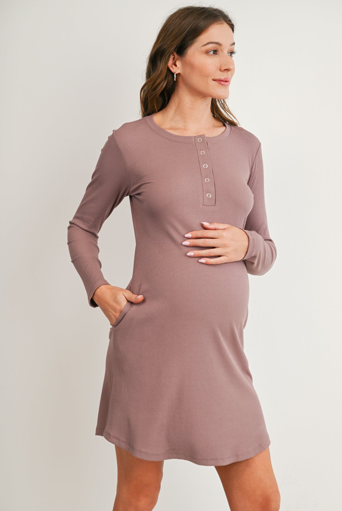 Ribbed long sleeve maternity nursing dress with snap front in dark mauve– side view